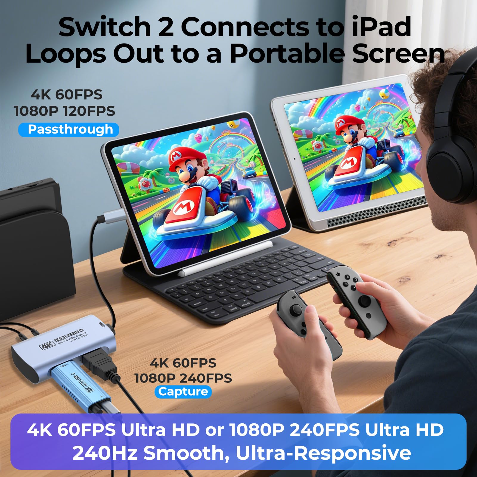 Guermok 4K 60FPS & 1080P 240FPS HDMI Capture Card for Streaming, USB 3.0 to USB-C/A, 4K60 Passthrough, 3.5mm Audio in and Mic Out, Works with Switch 2/1, PS, Quest 3, Pad, Mac, PC