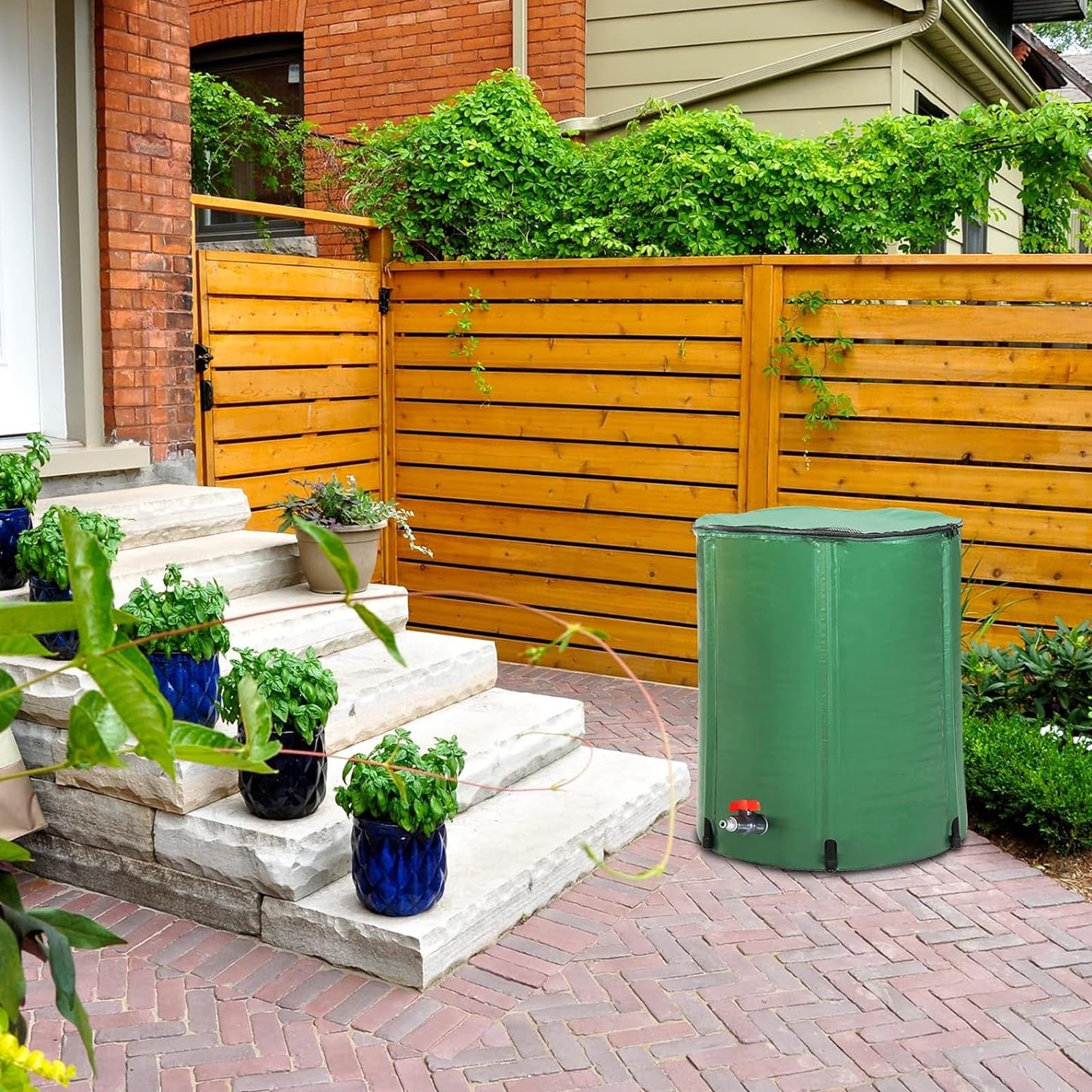 Sistema portátil de recolección de Agua de Lluvia, Tanque de Almacenamiento de 50 l con Filtro y bajante Plegable para jardín, Exterior y césped (Verde)