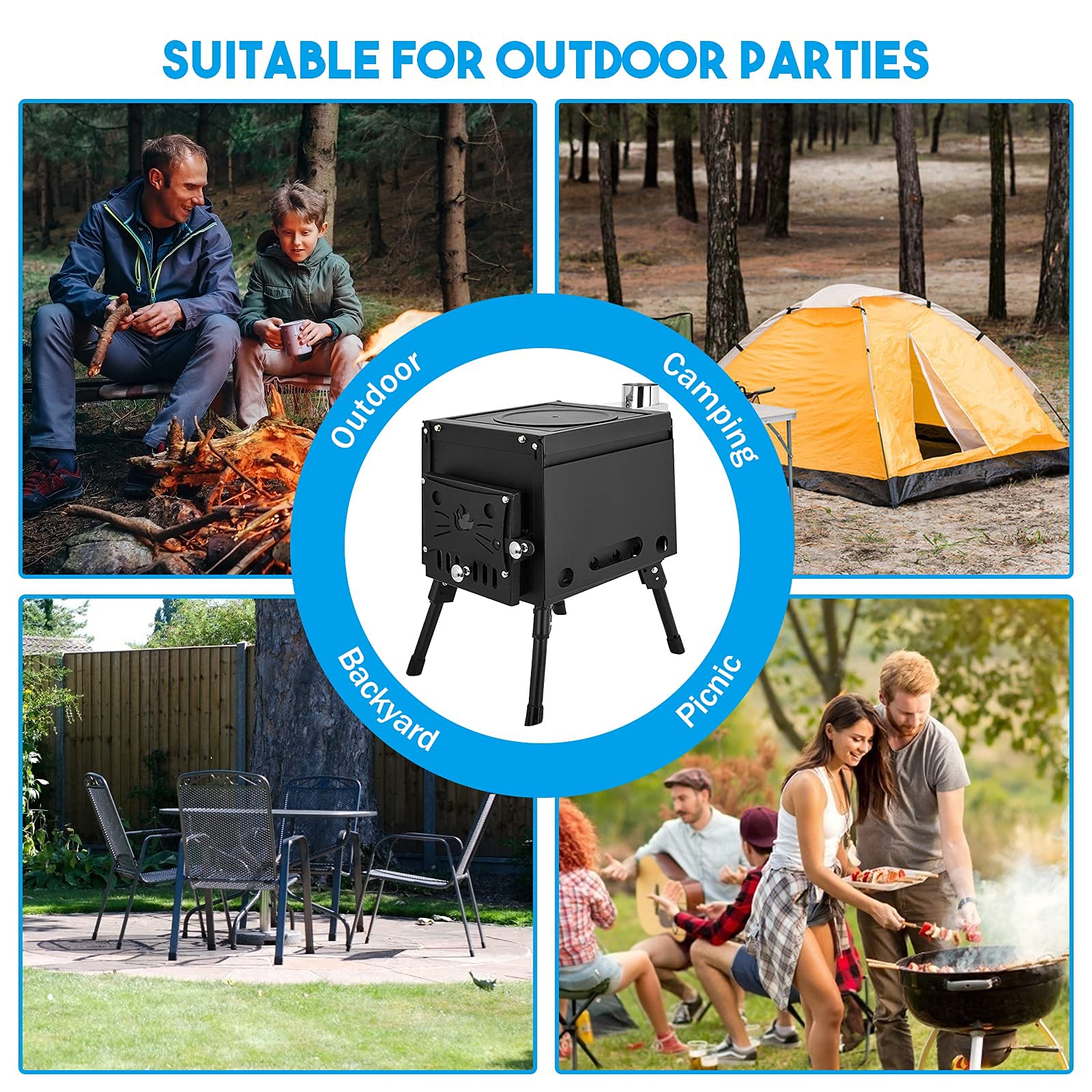 Camping Tent Stove with Chimney Pipes, Portable Wood Burning Outdoor