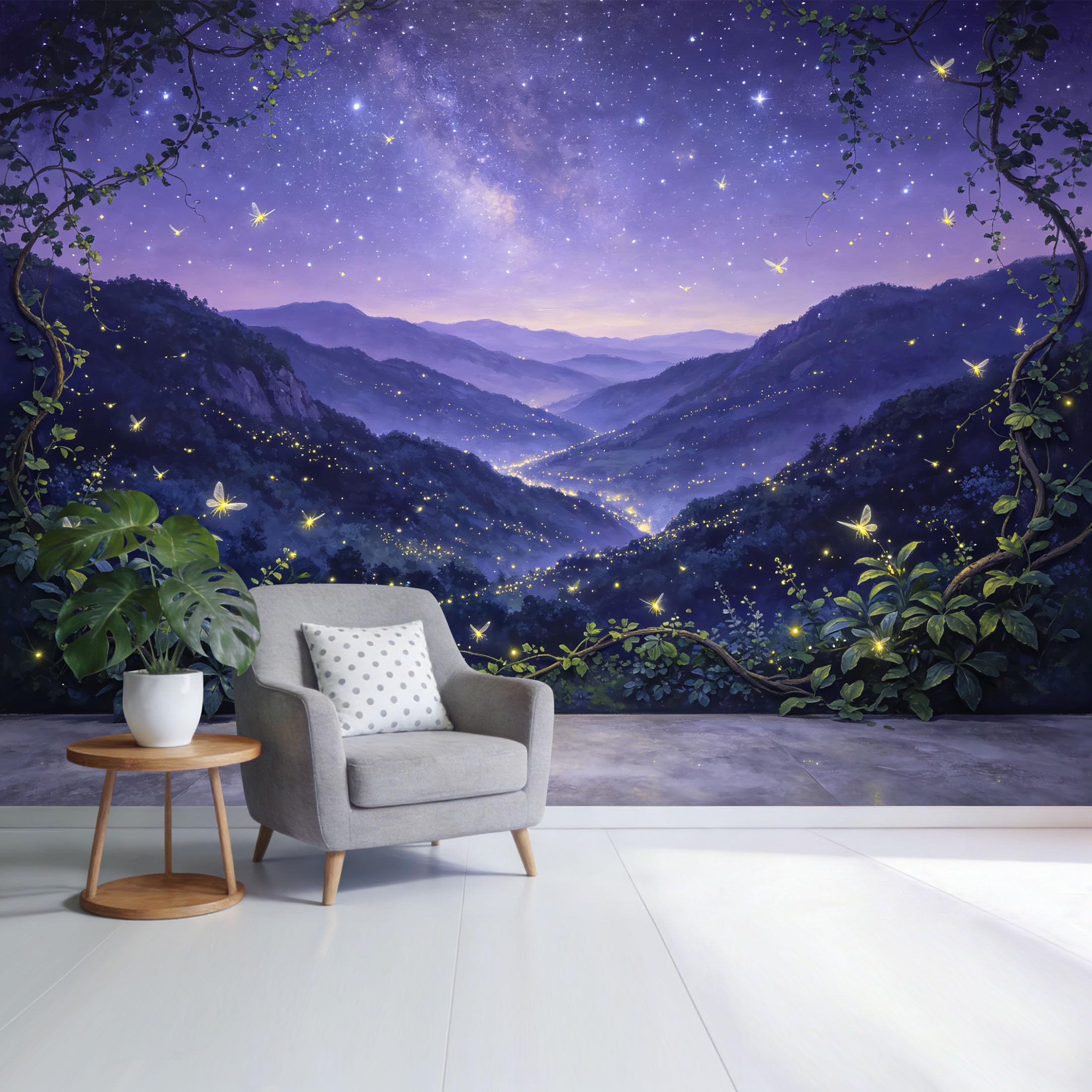 Custom Size Wall Mural Enchanted Mountain Valley Landscape Night Sky Fireflies Botanical Watercolor SelfAdhesive Wall Fabric Removable Wallpaper for Home Office Decor