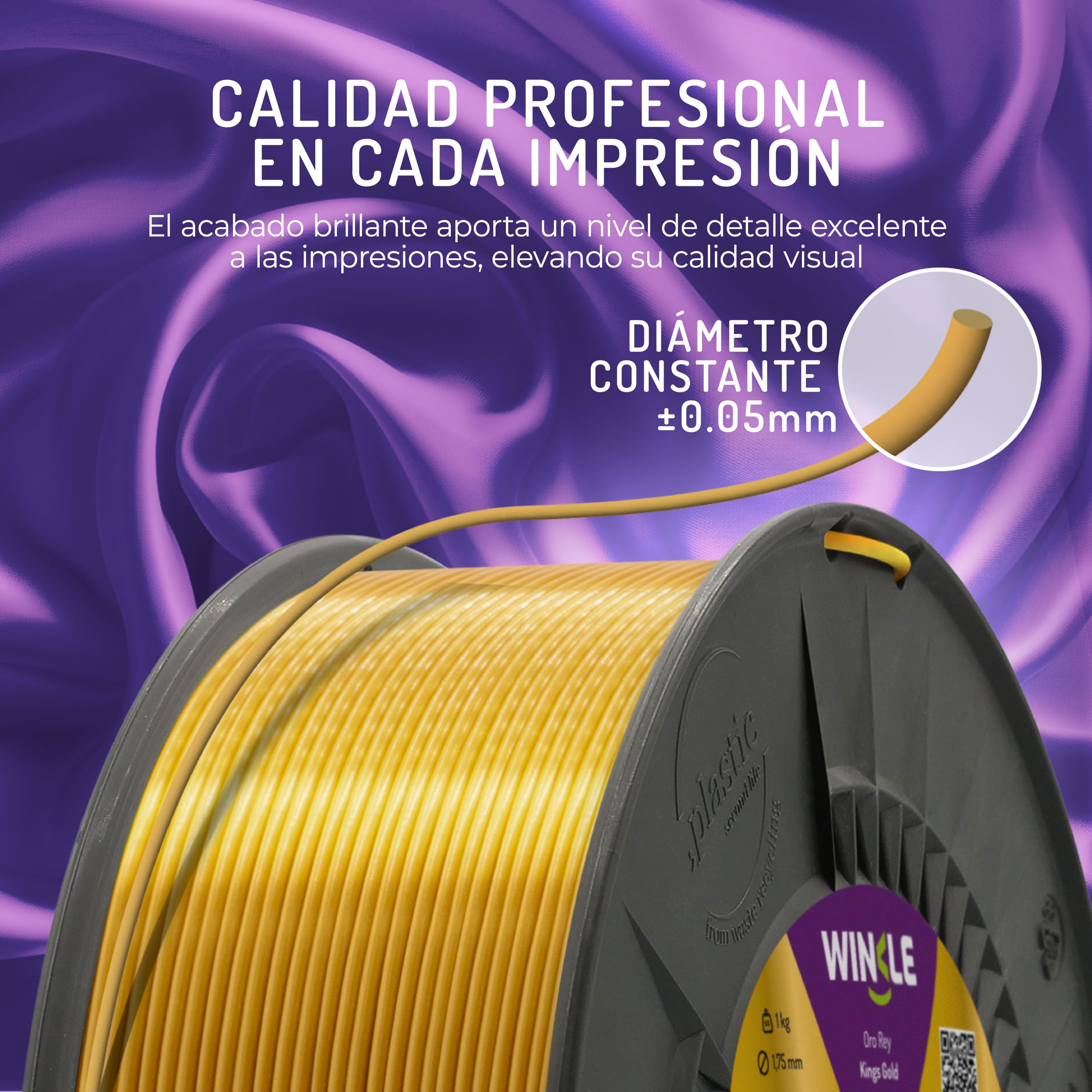 WINKLE Filamento PLA Silk Oro Rey 1,75mm 300g Bobina Impresora 3D