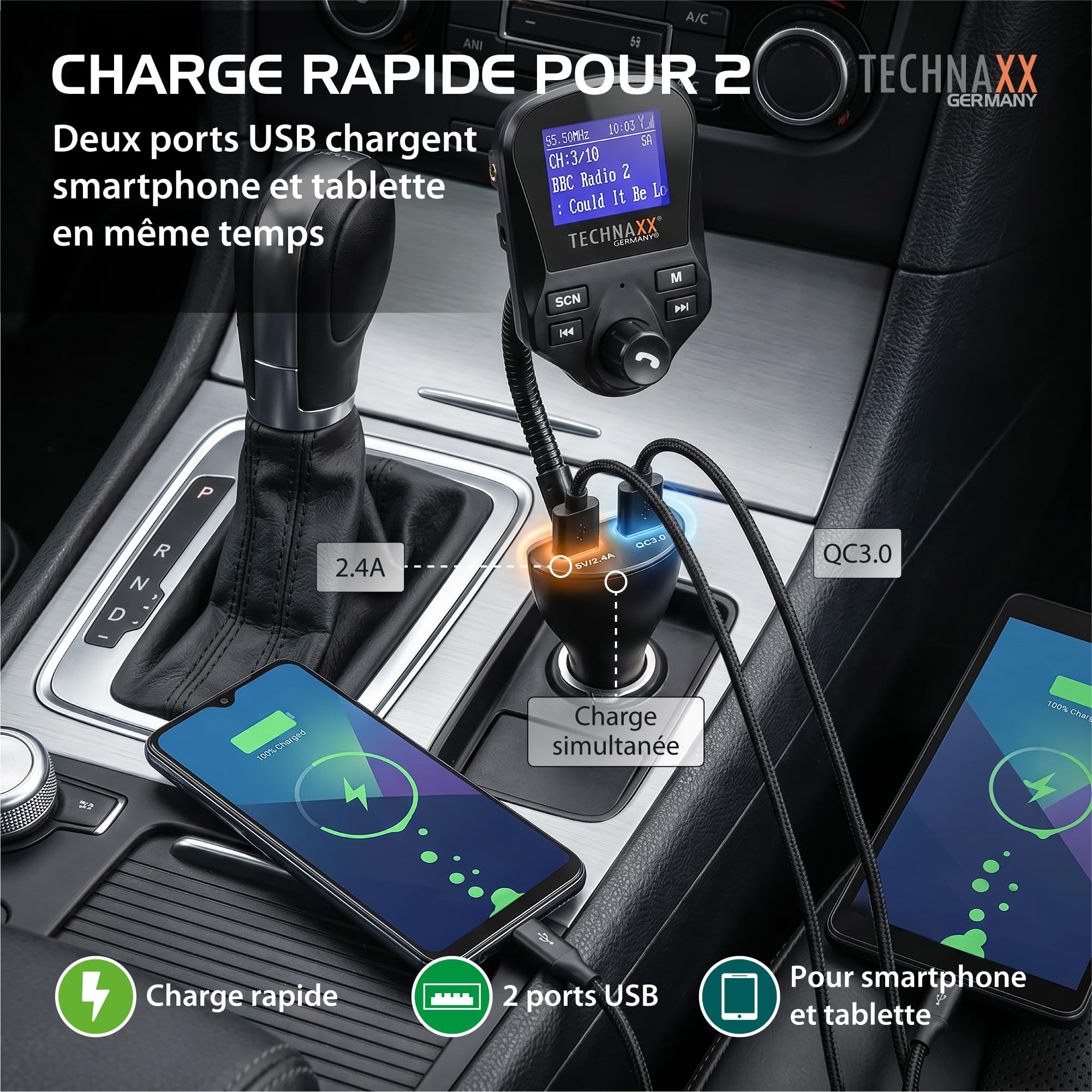 Technaxx Transmetteur FM DAB+ Bluetooth Voiture Kit Mains Libres – Adaptateur Radio DAB avec 2 USB (QC3.0), AUX, MicroSD, Grand Écran, Streaming Musique & Appels FMT1500BT
