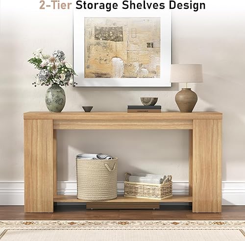 Miniatura 4 de Mesa consola extra larga de 62 pulgadas con almacenamiento, mesa de entrada de madera de granja con base gruesa, mesa de entrada estrecha para sala