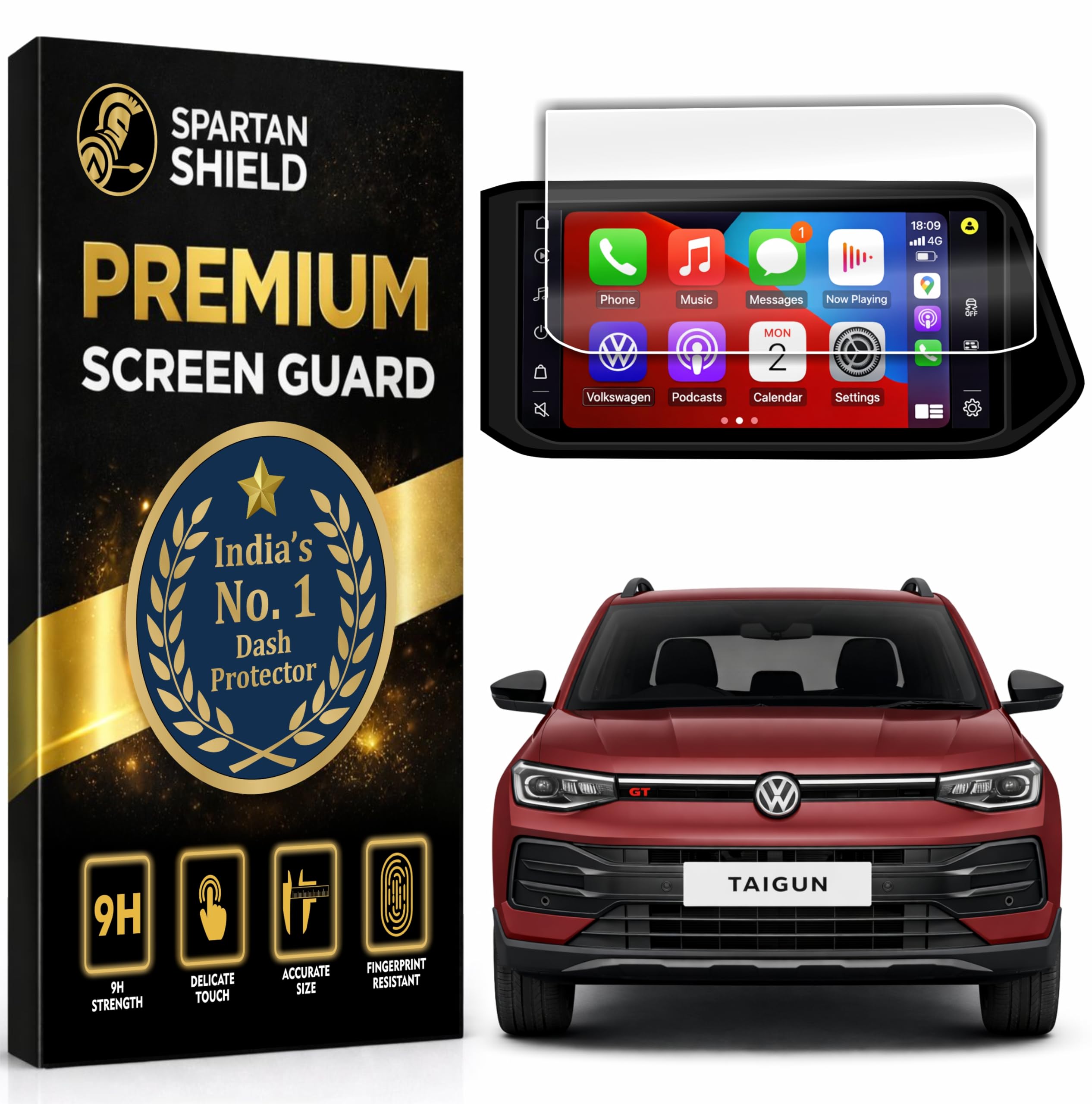 spartan shield screen guard for volkswagen taigun new 2026 facelift | 10.1-inch infotainment touchscreen protector || vwtaigun / highline / highline plus / topline / gt-line / gt plus chrome / gt+ sport / gt edge | anti scratch | water resistant | hd clear | high touch sensitivity | vw taigun car display accessories 2025+ [not tempered glass]