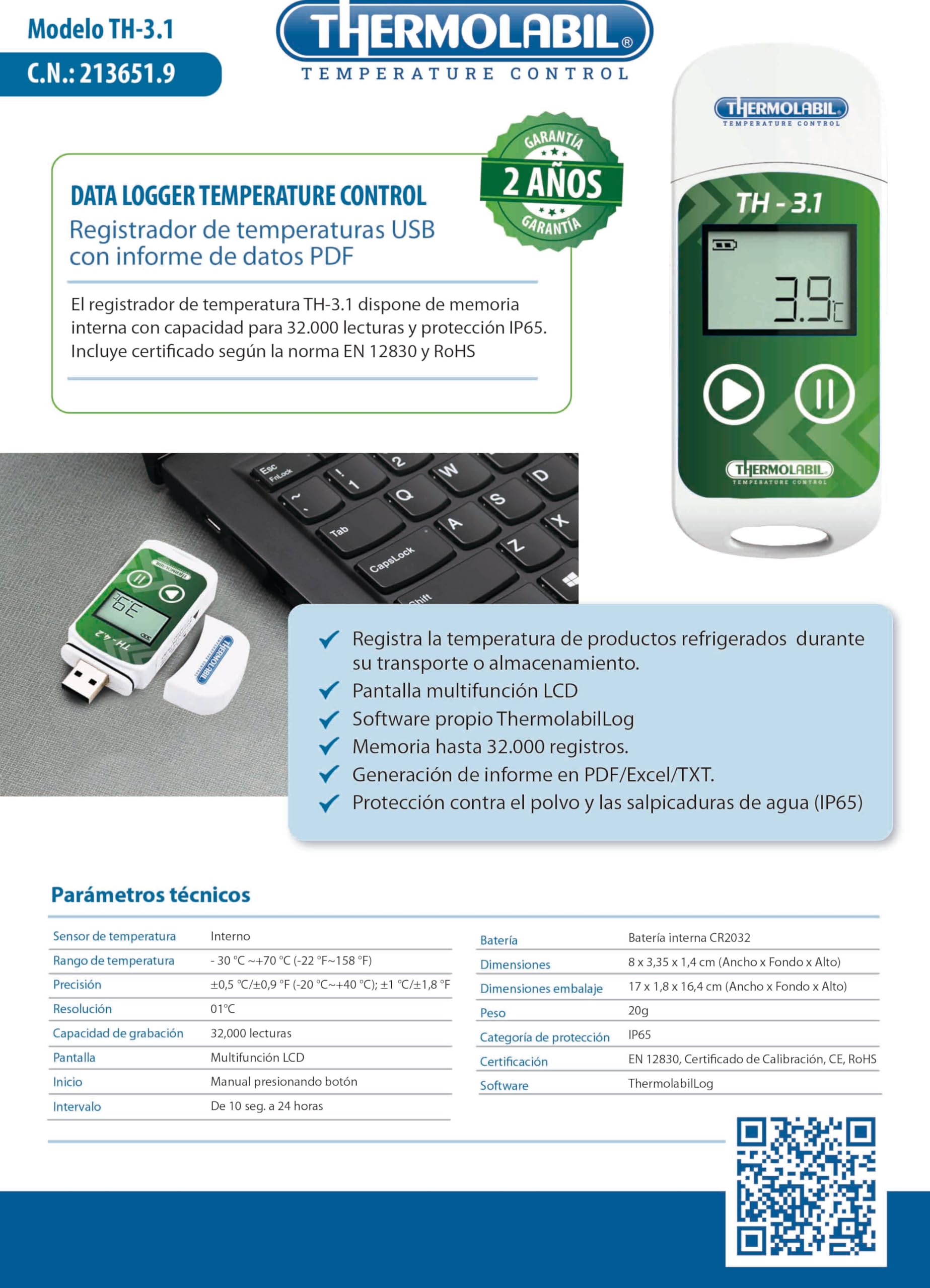 TH-3.1 USB – Termómetro/Data Logger para Nevera (Medicamentos/Vacunas) – USB – LCD – 16.000 Registros – IP65 – EN-12830, CE, RoHS – CR2032