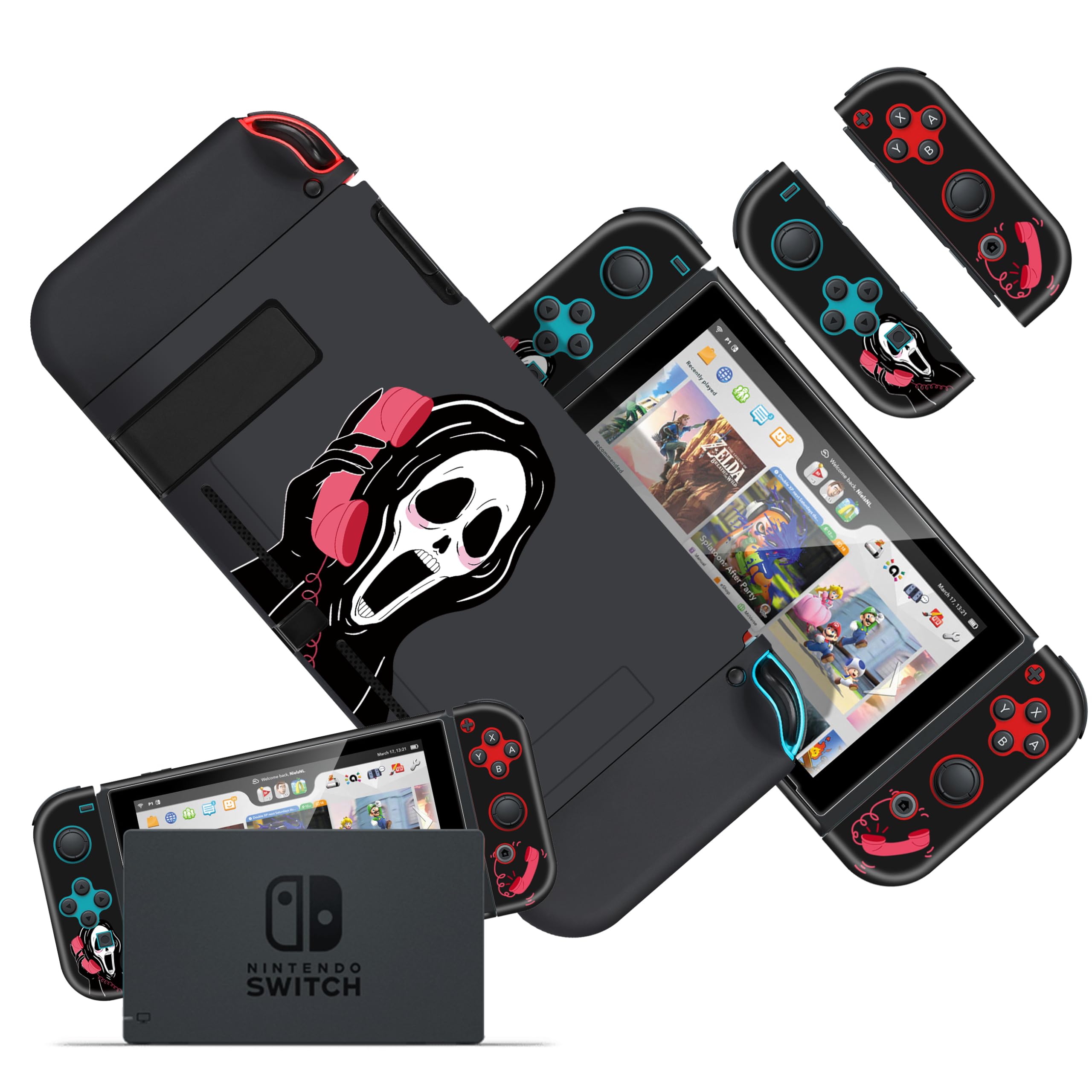 Oqplog Ghost Case for Nintendo Switch Cool Themed Skeleton Skull Fun Character Fashion Scratch Resistant Cases Hard Shell Cover for Girls Kids Boys Men for Switch,Bk Skull