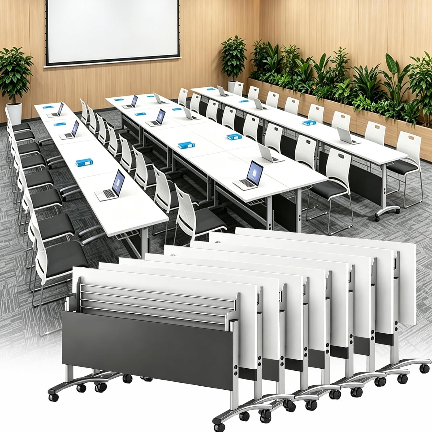 Folding Conference Room Table with Wheels,Modular Mobile Conference Table,Space Saving and Stackable,Flip Top Training Tables for Home Office Classr (8, 55.1x15.8x29.6inch)