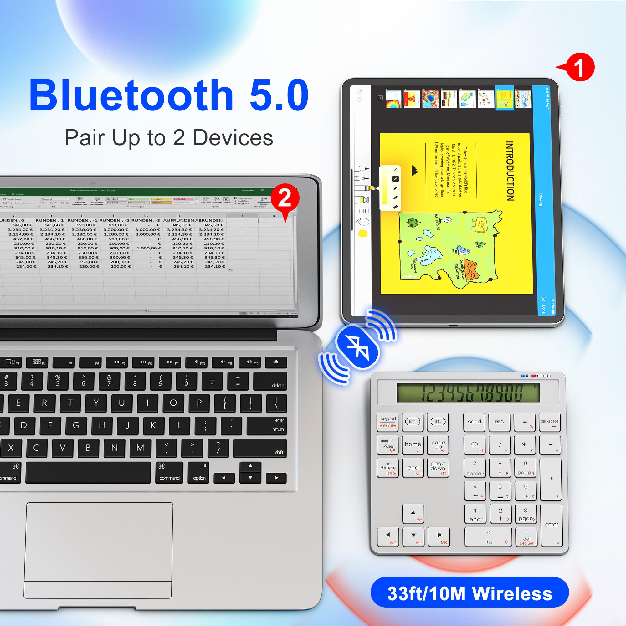 Rytaki Pro ​​Tastierino Numerico Wireless con Calcolatrice - 34 Tasti Tastierino Numerico Bluetooth per mac/PC/Laptop/MacBook/Windows/iOS e Android​（Ricarica USB-C）