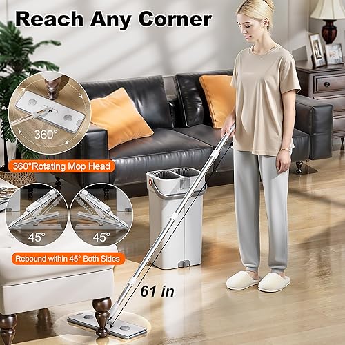 Miniatura 5 de Juego de trapeador y cubeta, sistema de fregona plana y cubo, cubo de fregona con escurridor, mopa de pared con mango ajustable (máximo 61