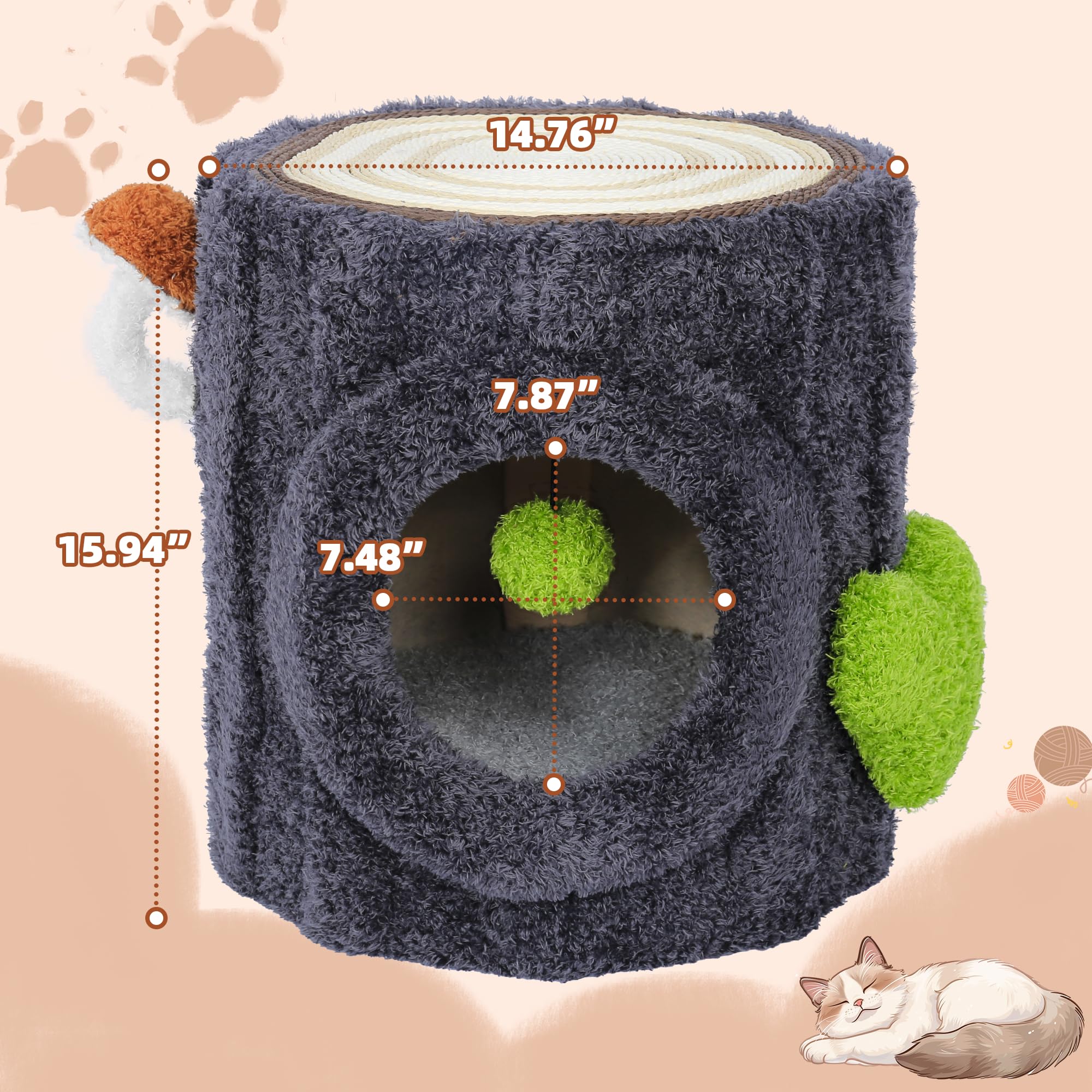 KAMABOKO Cat House for Indoors Cats, Luxury Cat House Bed with Scratch Table ? Soft Cushion, Cat Condo with Hanging Ball Toy for Small Medium Pets, Grey