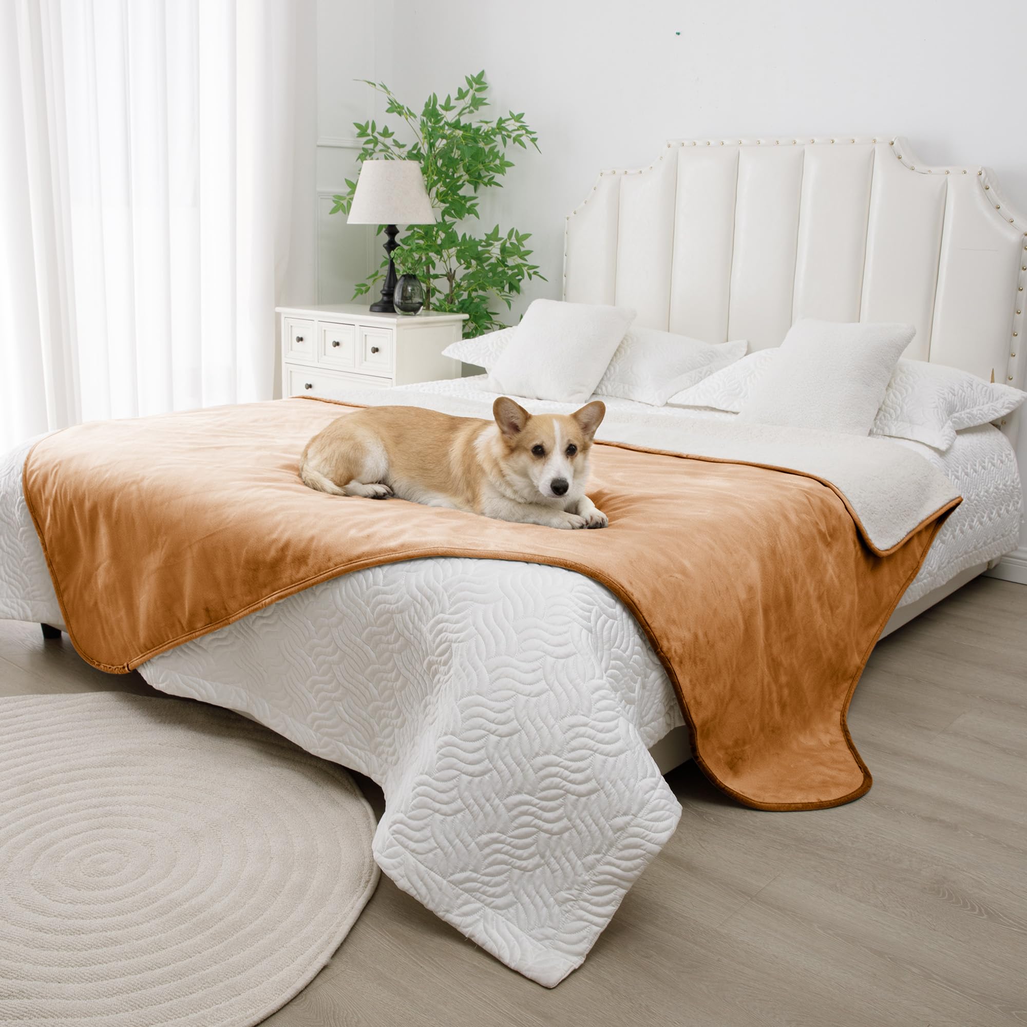 Bigbeer Waterproof Dog Blanket for Bed, Washable Pet Blankets for Couch Sofa Protection, Soft Reversible Sherpa Puppy Throw Furniture Protector(86"x120",Orange)