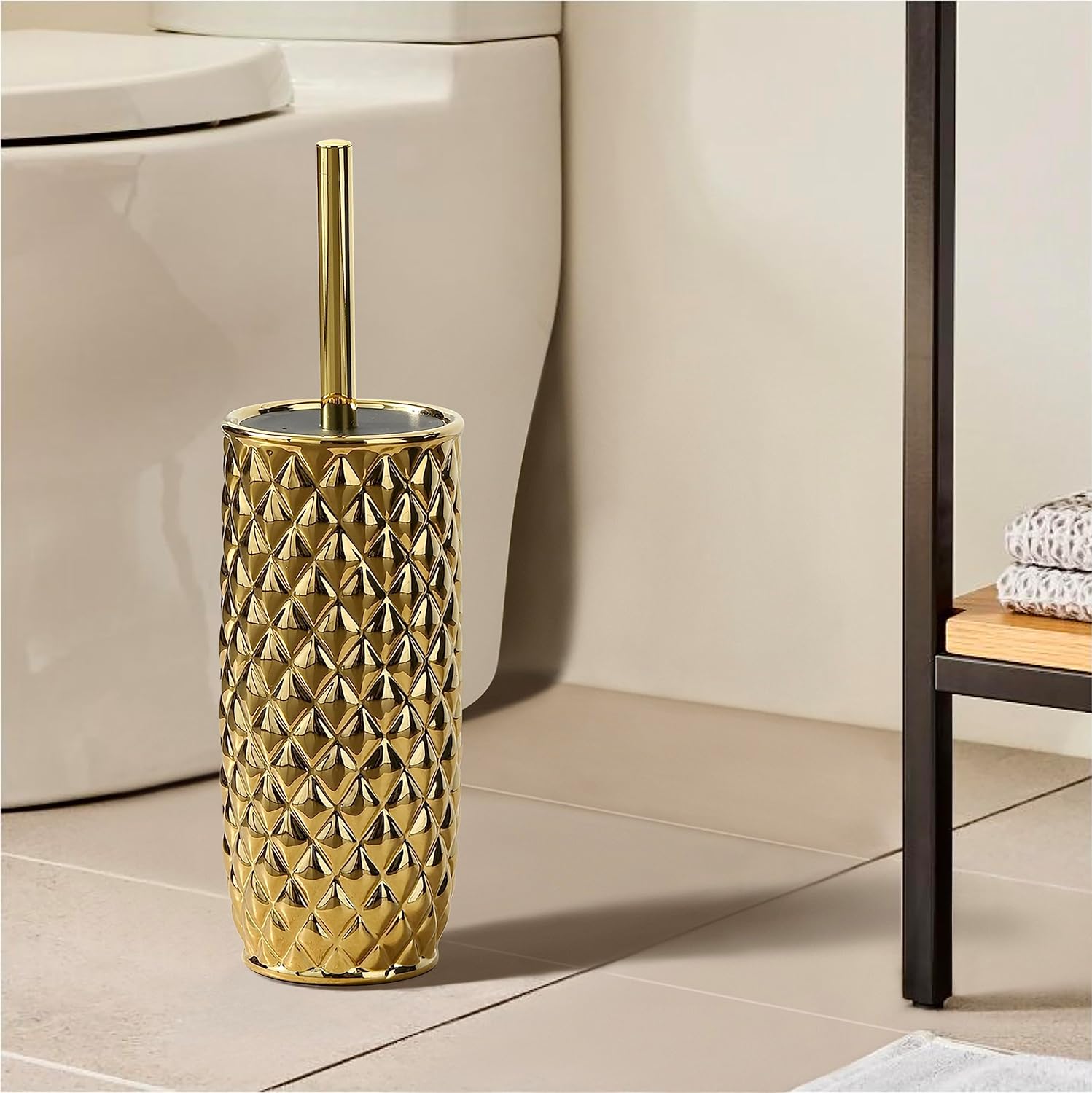 Bathroom Accessories Ceramic Toilet Brush Set - Toilet Bowl Brush and Holder (Pineapple Pattern, Gold)