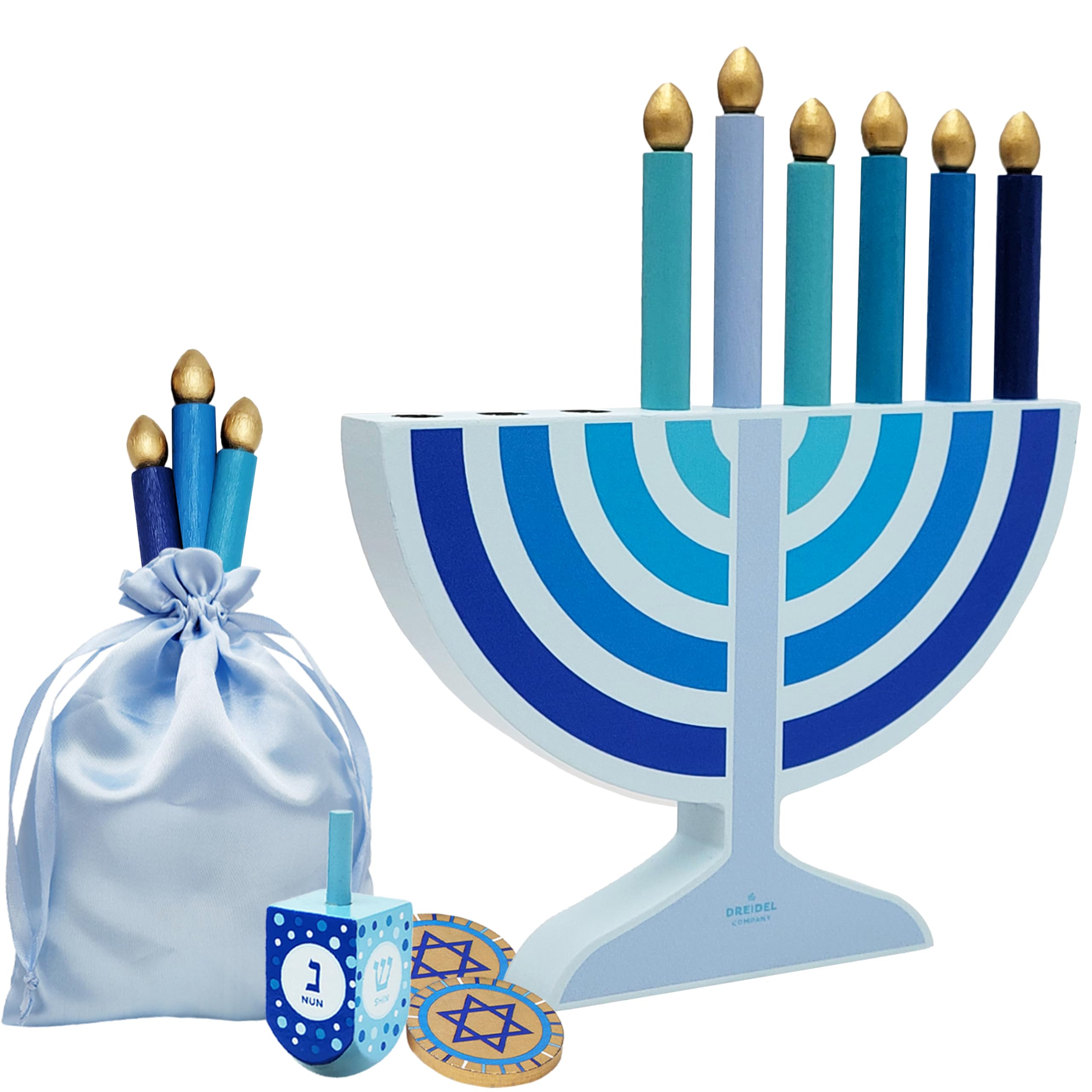 The Dreidel Company Single Mini Hanukkah Children Wooden Chanukah Menorah Blue With Removable Candles (Single)