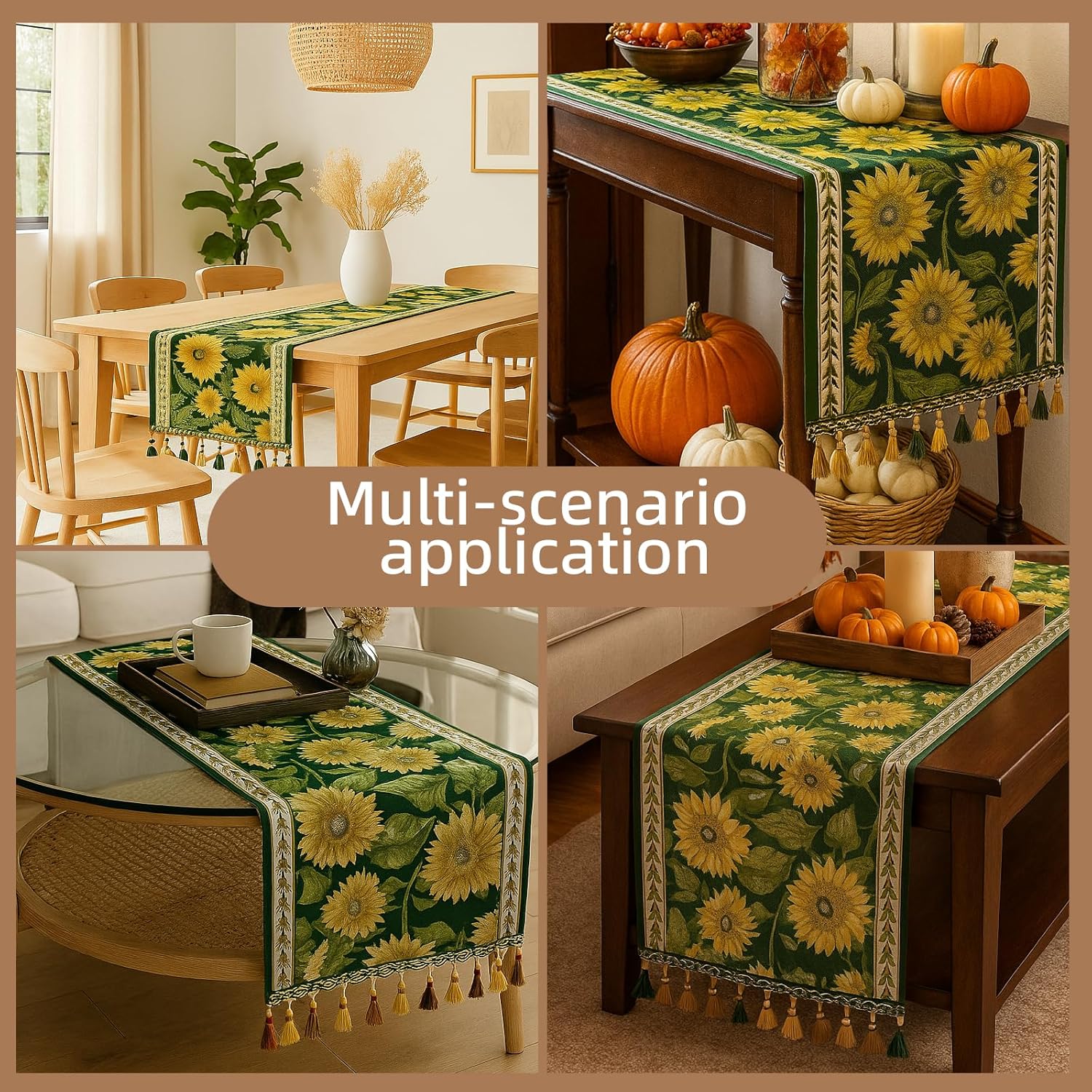 Modern Rustic Farmhouse Flower Table Runner 14x71 Inch, Jacquard Embroidered with Tassels, Decor for Dining Table Coffee Table Dresser & Holiday Party