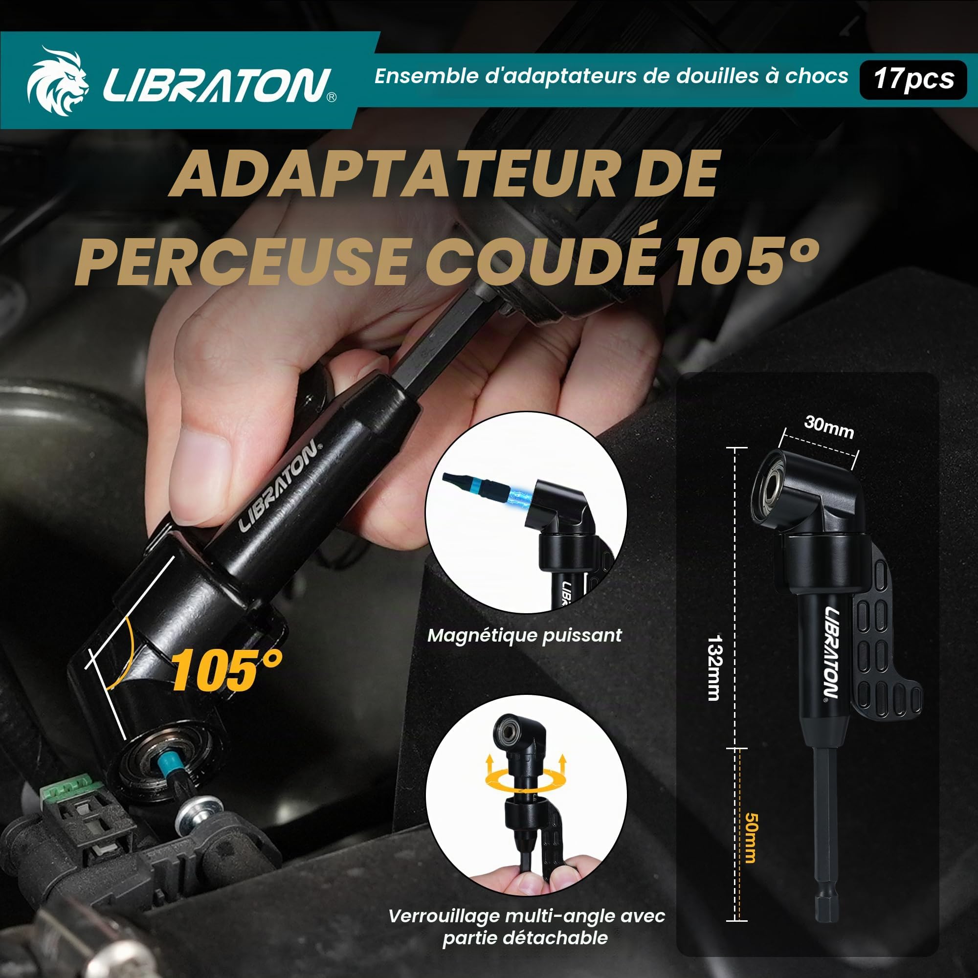 LIBRATON Set De 17 Adaptateurs De Douille À Choc, Carrés 1/4", 3/8", 1/2"