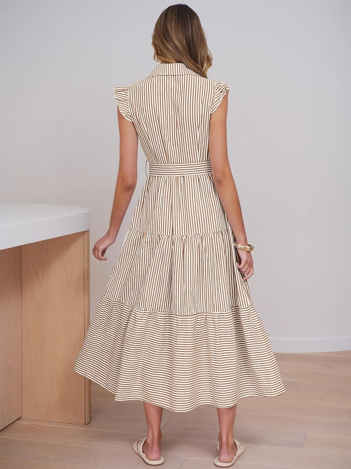 Caracilia Womens Summer Casual Ruffle Cap Sleeve Maxi Dress Button Down Striped Plaid Tie Waist Vacation Long Shirt Dresses - Image 5