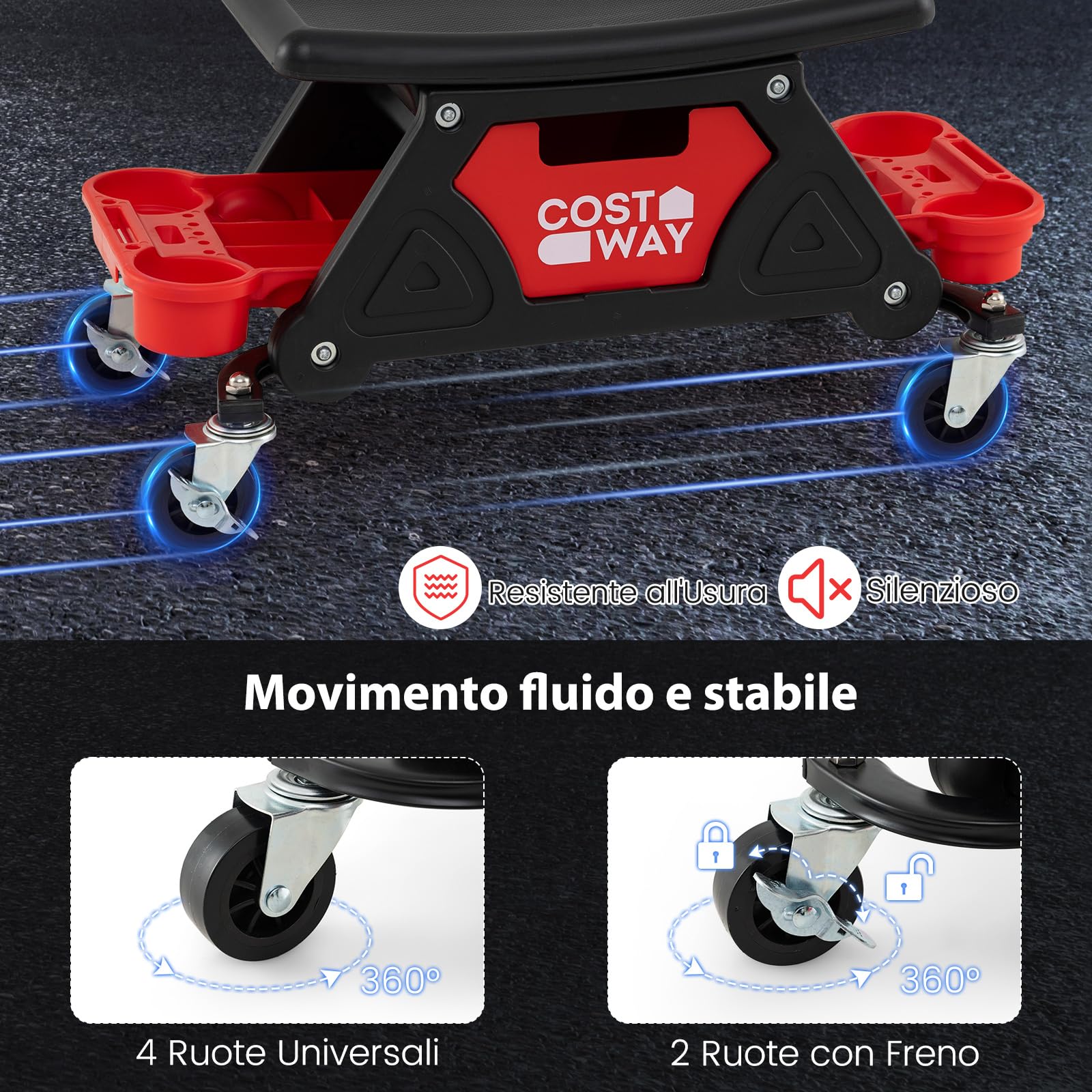 COSTWAY Sgabello da Officina con Ruote, Sedia Meccanico con Cassetto Estraibile e 2 Vassoi Divisori, Capacità di 135 kg, per Riparazione Auto, per Garage e Officina