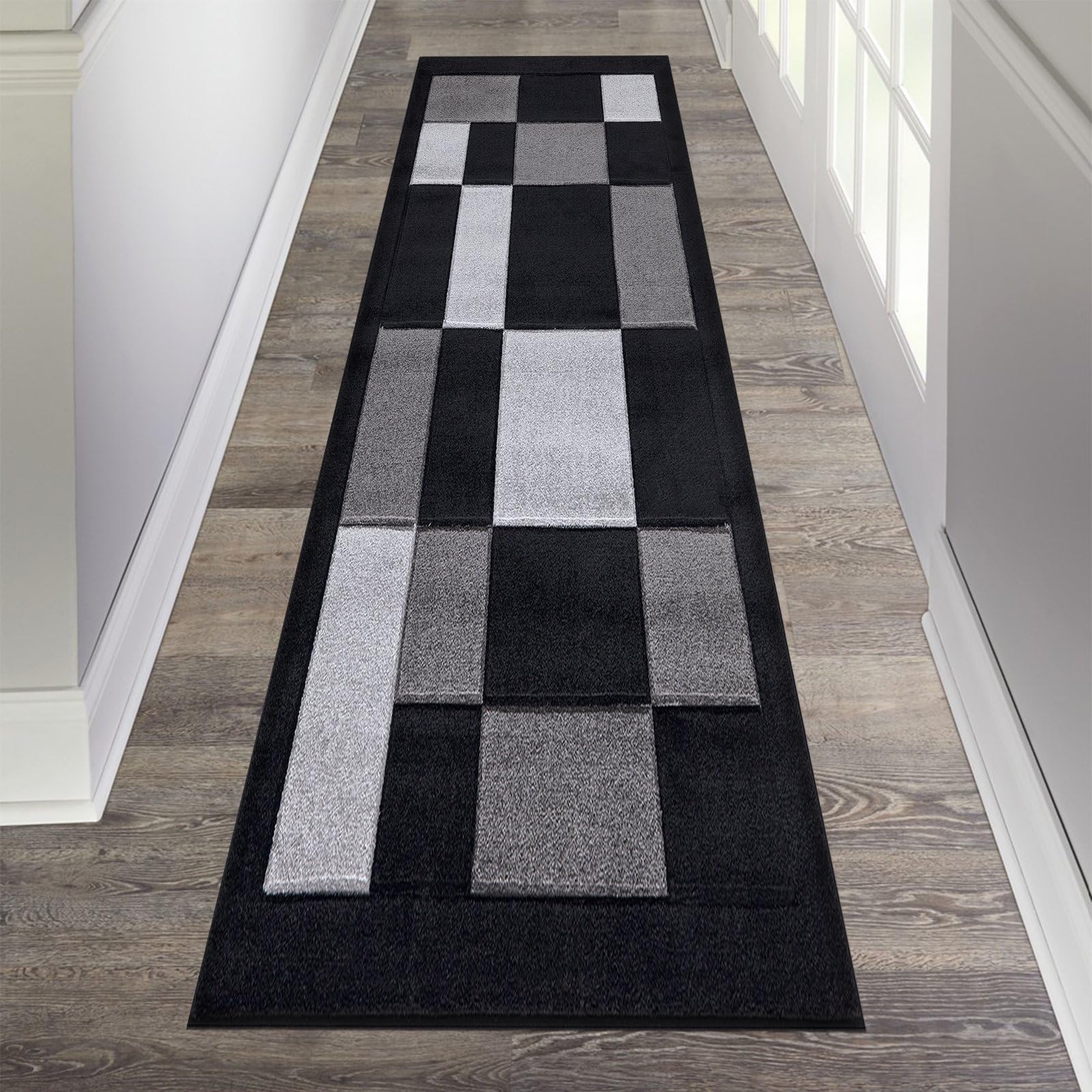 renoazul® Carpet Runner for Hallways, Kitchen, Living Room and Bedroom, 80 x 300 cm, BlackGrey, Washable Durable Squared Design Carpet Runner — image 1