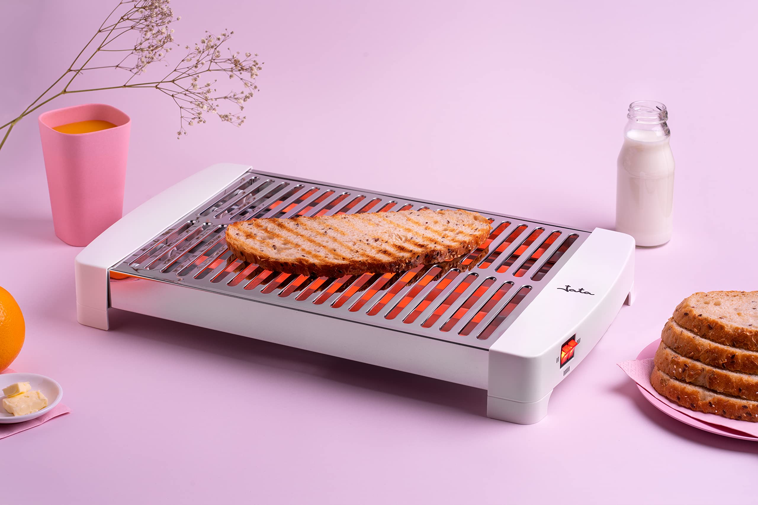 JATA TT5016 - Tostadora Horizontal 1000 W con Parrilla XXL 35x25 cm, 5 Resistencias de Cuarzo, 3 Niveles de Potencia, Acero Inoxidable, Bandeja Recogemigas