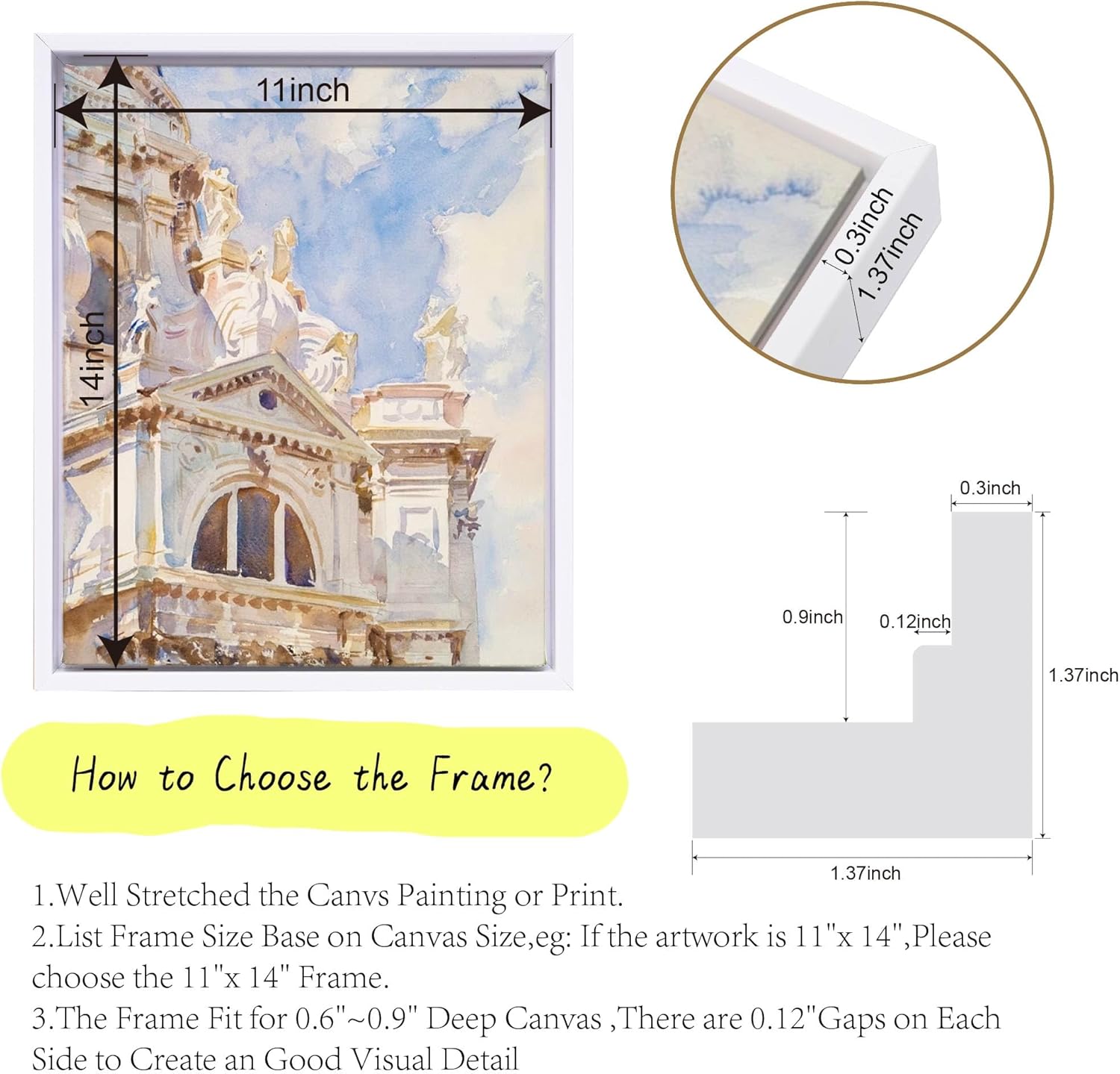 12x16 Canvas Floater Frame for Oil Paintings, 2 Pack Canvas Frames with 0.6"-0.9" Deep for Art Print, Picture Floating Frames,Float Frame for Wall Decor (White,12"x16")