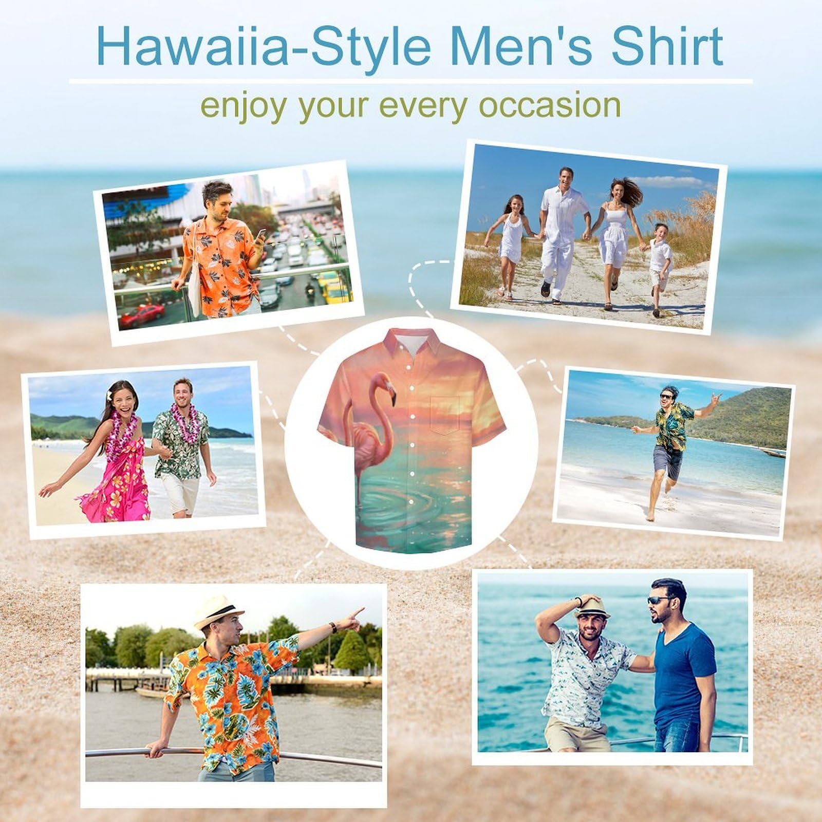 Camicie a Maniche Corte da Uomo - Camicie da Spiaggia con Stampa Fenicotteri Marini al Tramonto Retro, Funky Estiva Cool Camicia Hawaiana Monopetto Camicia S-5XL