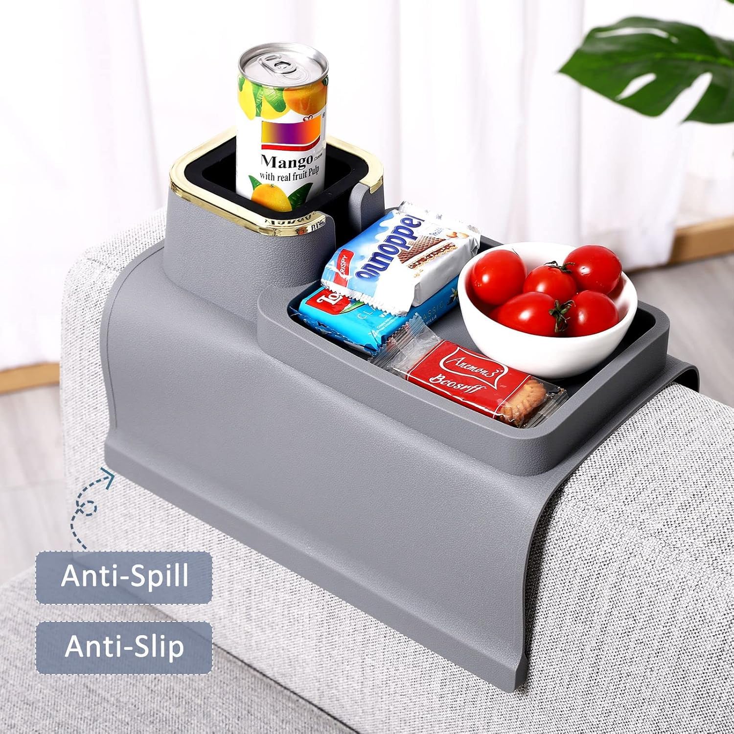 LESCATO Couch Cup Holder Tray - Silicone Sofa Armrest Table, Drink Holder, Organizer for Remote, Snacks, Cellphone, Anti-Spill, Anti-Slip Design (Modern, Grey)