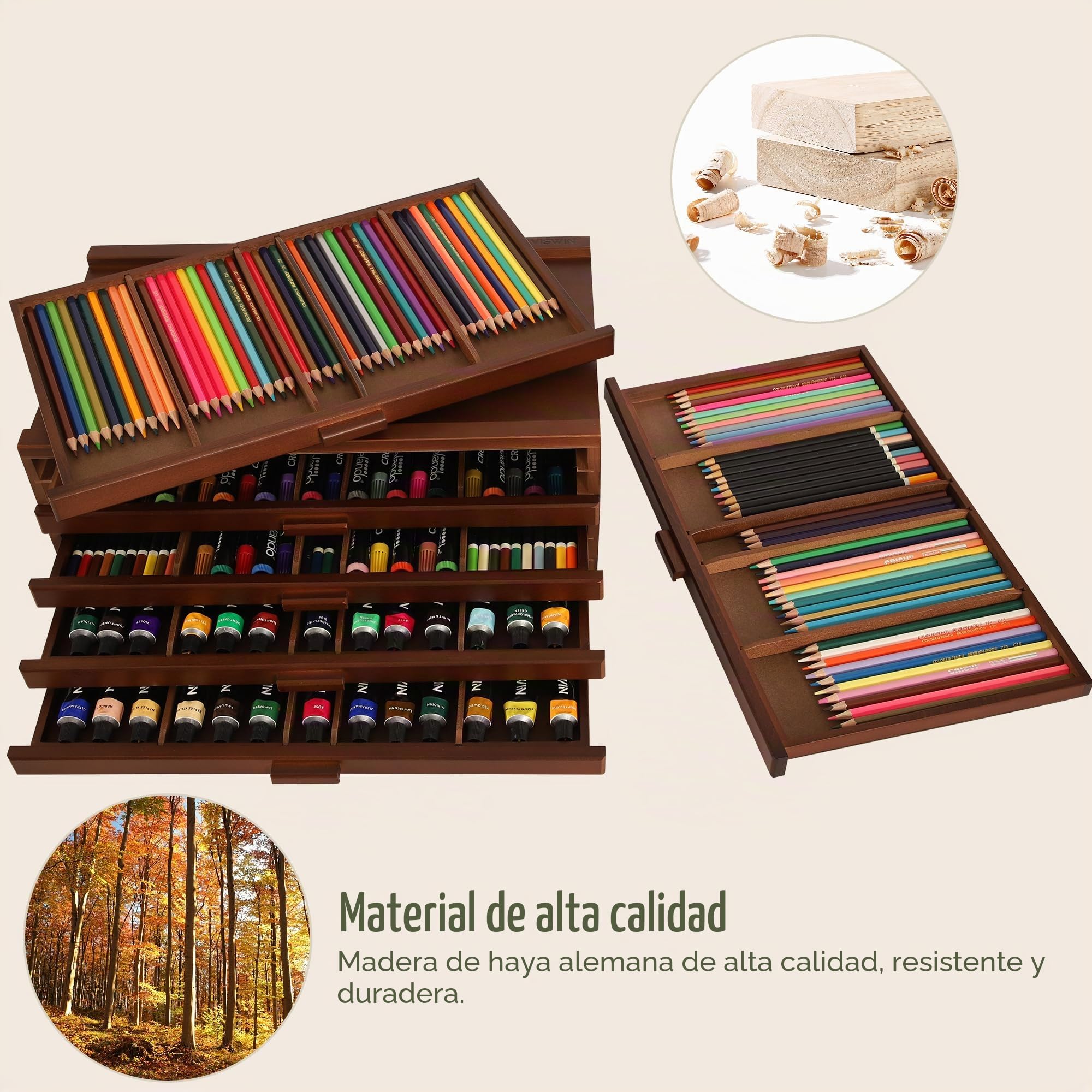 VISWIN Caja de Madera de 6 Cajones con Separadores Extraíbles, Caja de Madera de Haya de Primera Calidad, Caja Organizadora Portátil para Pinturas, Bolígrafos, Pinceles y Materiales de Arte