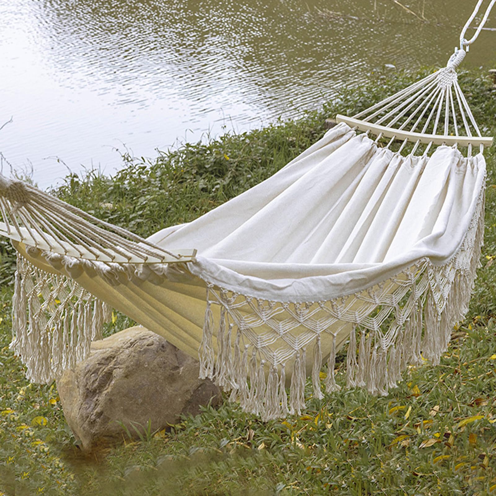 Hamac Extérieur Suspendu de Bohême avec Support, Tige en Bois et Sangle - Toile Macramé (Blanc)