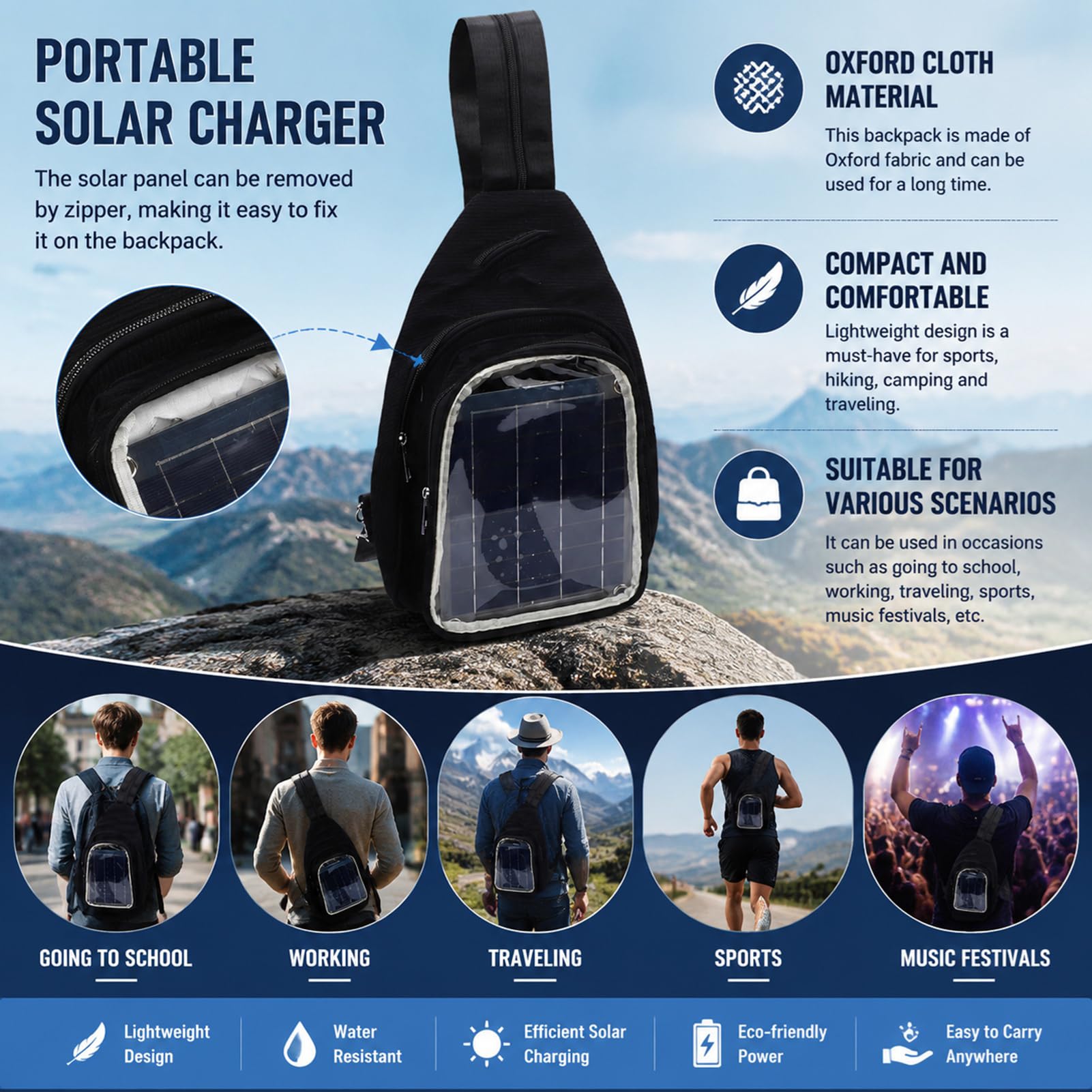 Fdit Zaino con Pannello Solare Monocristallino da 20 W, Zaino con Caricatore Solare Nero con Porta USB per Adulti, Viaggi All'aperto, Campeggio, Escursionismo