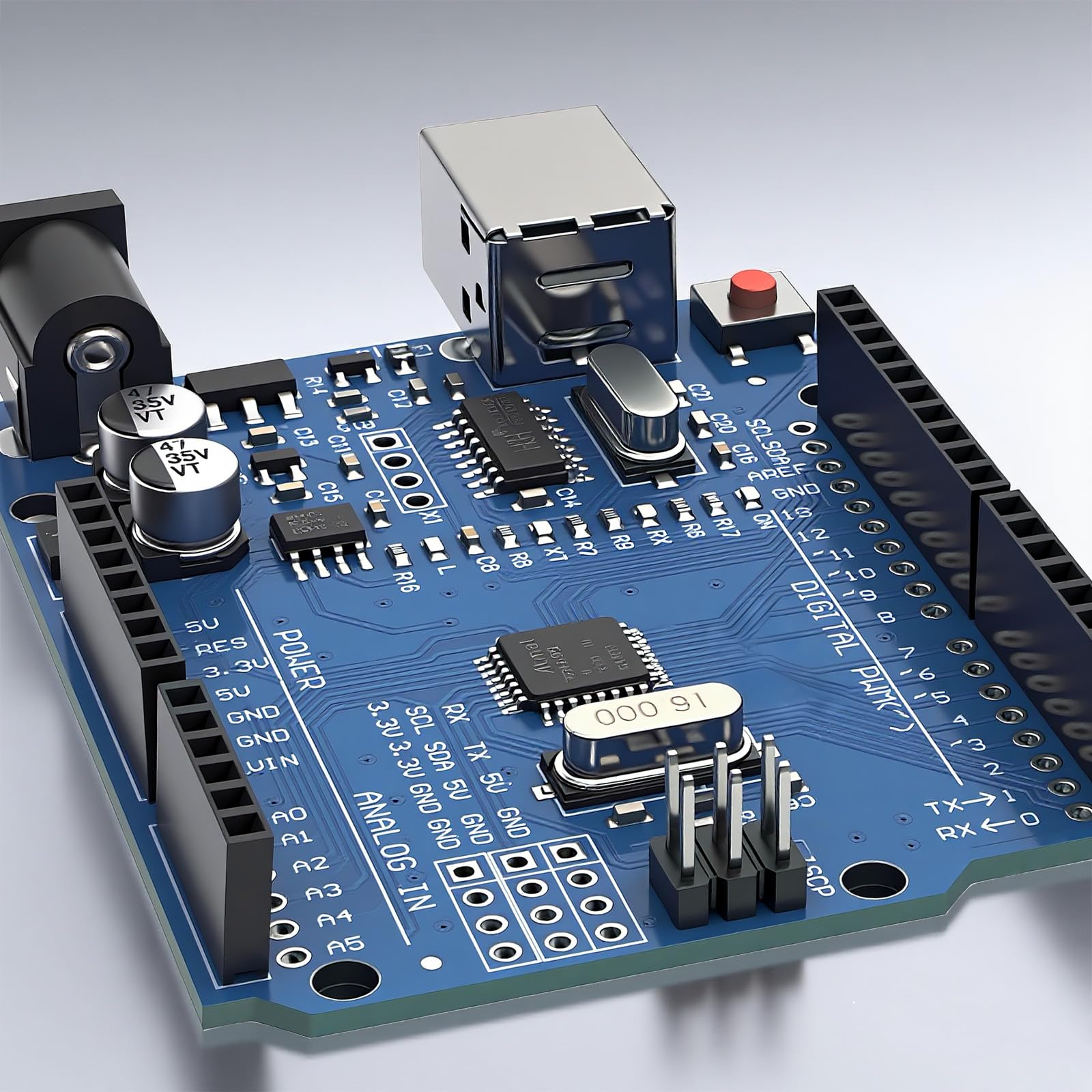 UNO R3 Carte ATmega328P avec câble USB (compatible Arduino) pour Arduino, tension d'entrée 7-12 V, 16 MHz, 14 broches numériques 1/0 prise en charge PWM, SRAW 2KB, compatible avec RPi 4B/3B+/3B/2B/B+