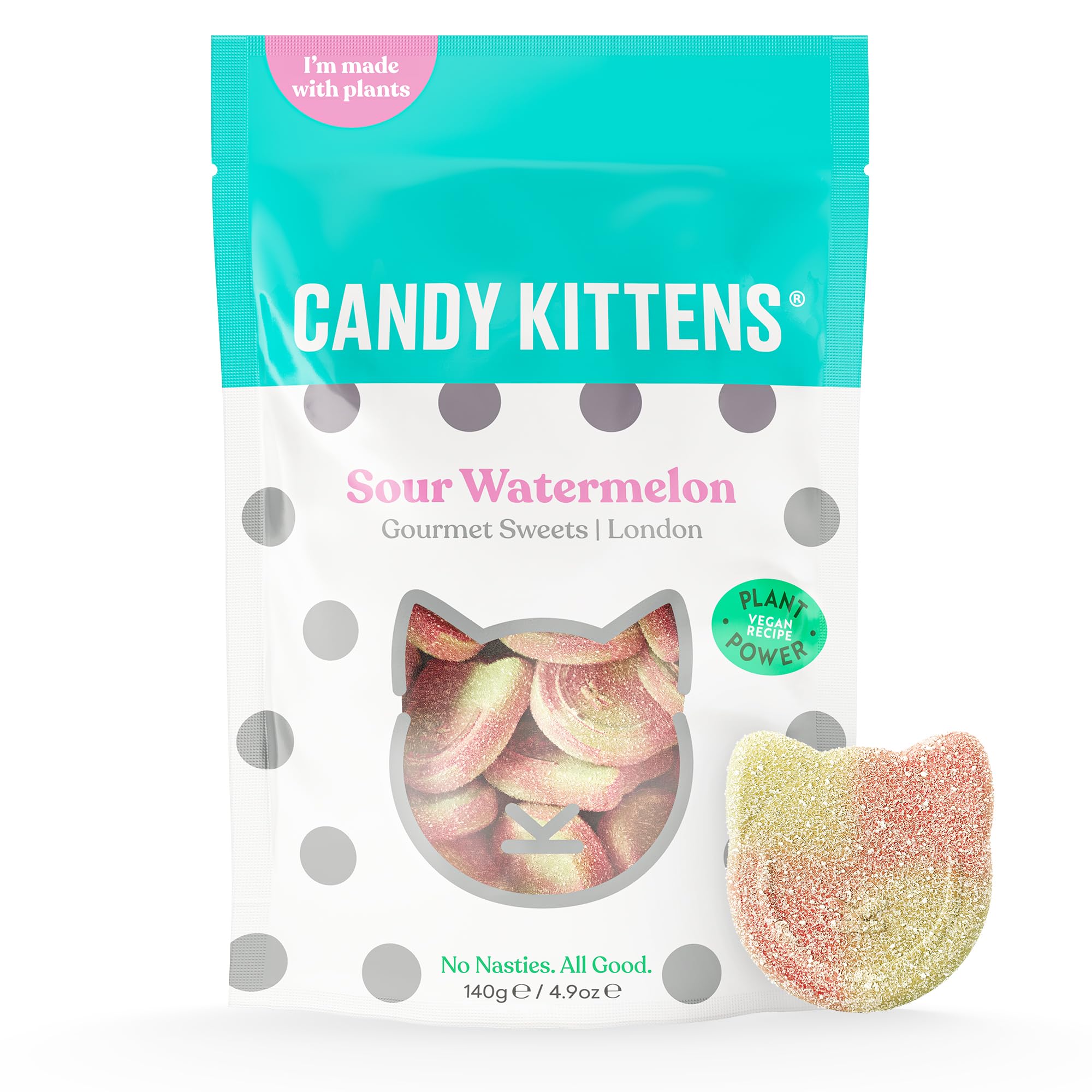 Candy Kittens Vegan Sweets – Sour Watermelon (140g, Pack of 1) – Fizzy Treats with No Nasties, Plant-Based Vegan Snack with Real Fruit Juice, Ideal for Pick and Mix or Sweets Gift Box