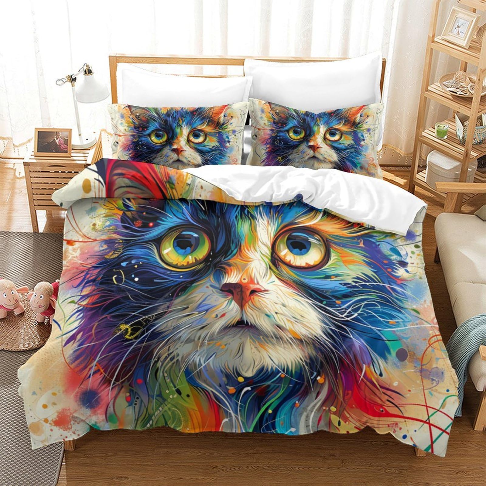 Parure de couette chat 3D en microfibre douce premium pour grand lit d'enfant