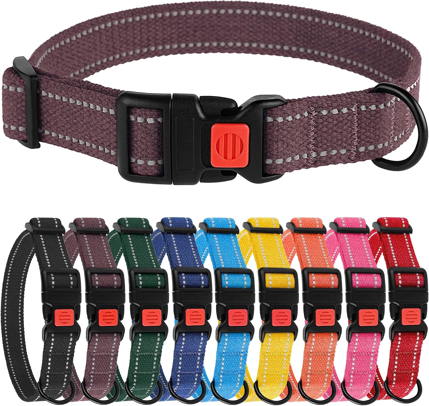 BRONZEDOG Reflective Dog Collar Basic Natural Cotton Adjustable Buckle Safety Collars for Small Medium Large Dogs Puppy Black Red Blue Orange Pink (L, Neck Fit - 14"-20", Burgundy)