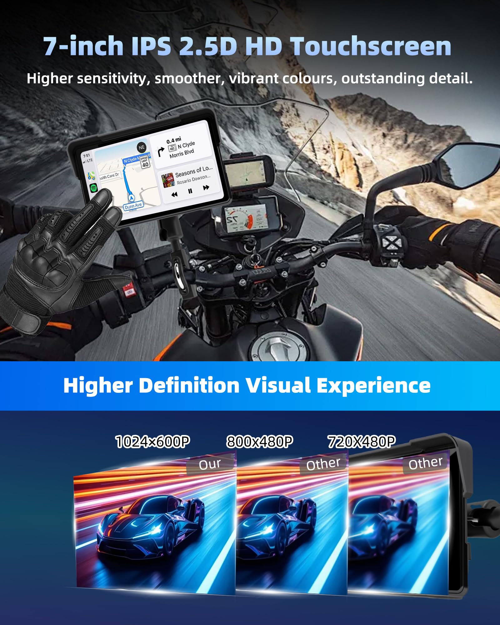 Jansite Carplay Moto Android Auto con TPMS, 7" GPS Moto Navegador Pantalla Táctil Resistente al Agua IP67 Bluetooth Siri y Asistente de Google — view 7