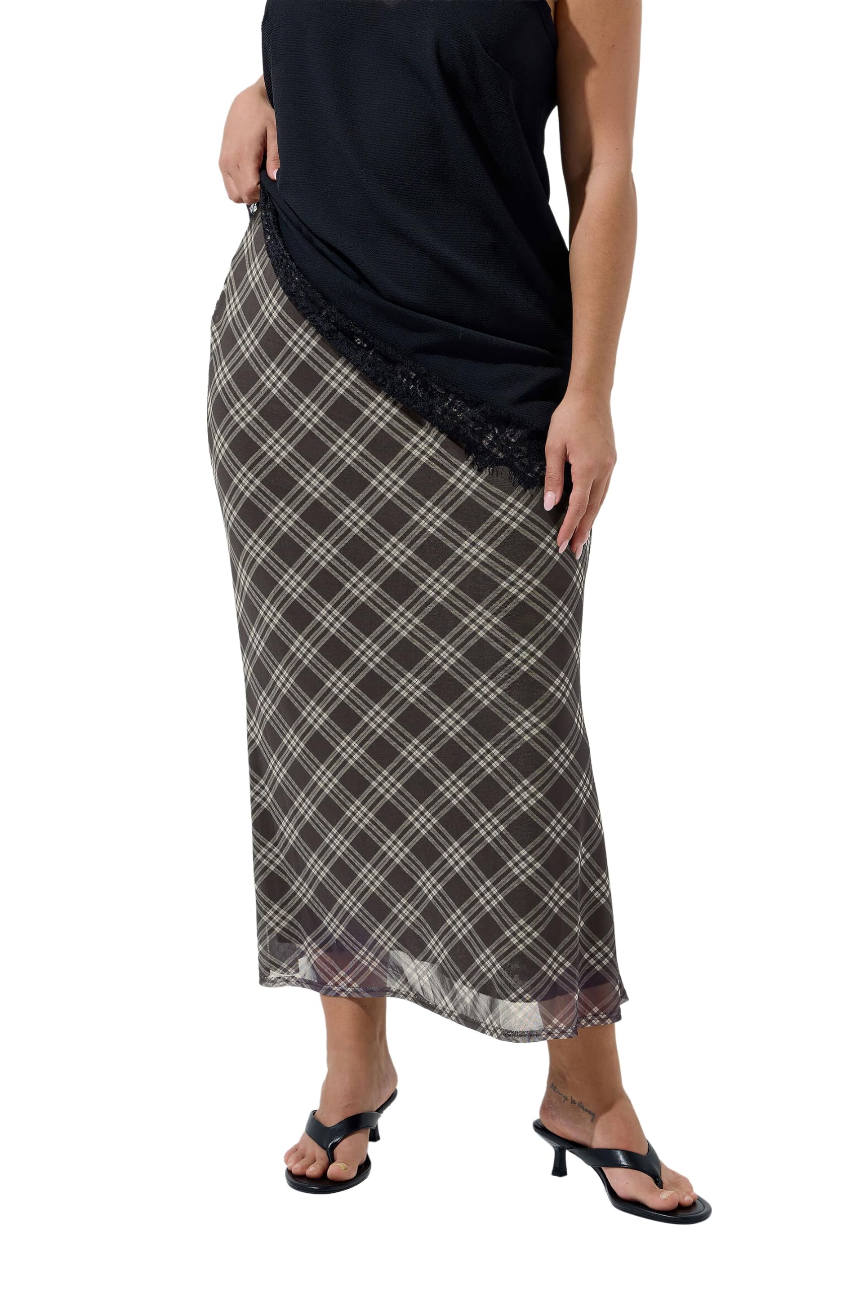 Yours Women's Dark Brown Checked Mesh Skirt In | : Size 20
