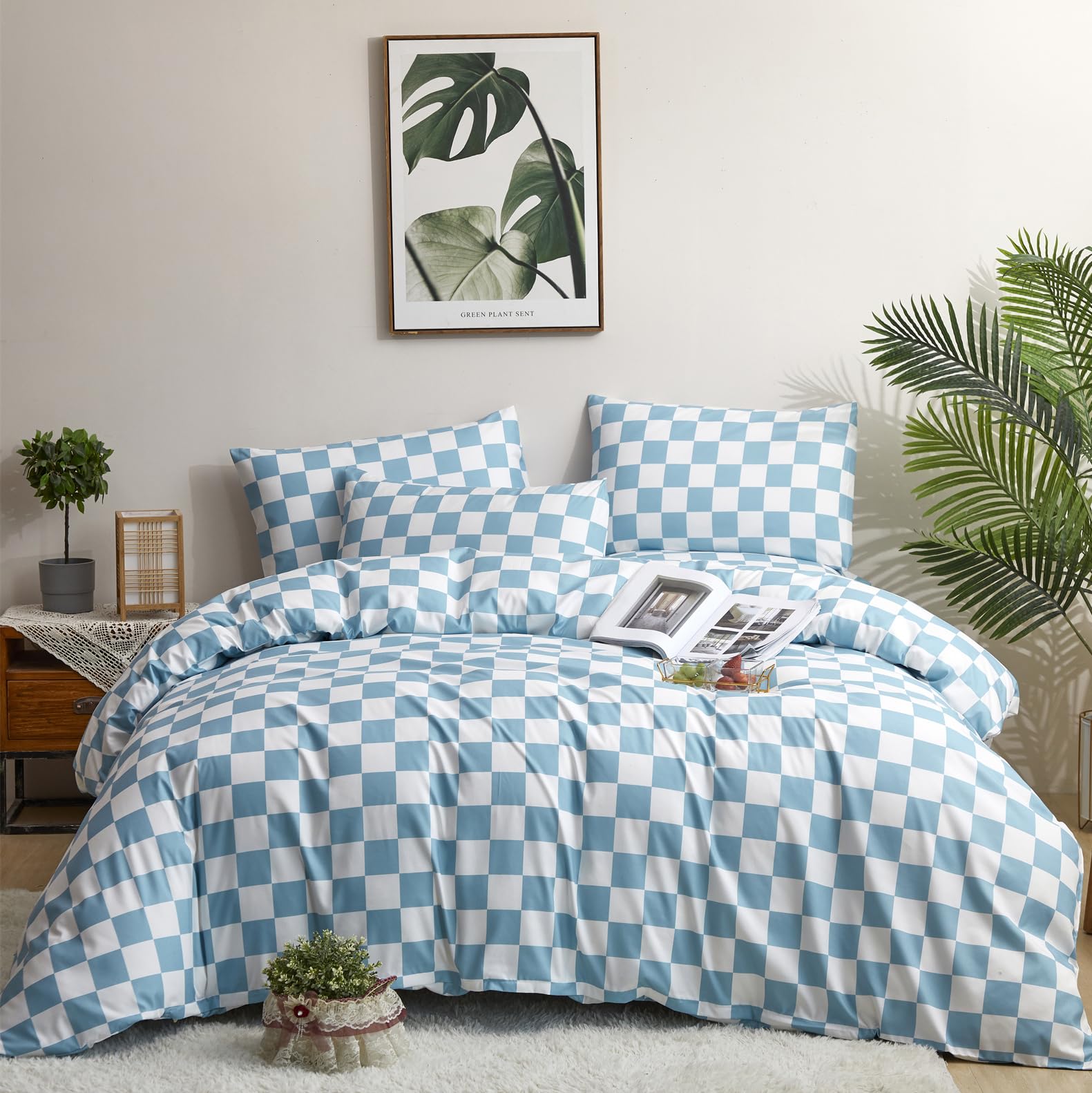 KAREVER Blue White Grid Comforter Set Full Blue Plaid Bedding Set Girls Blue and White Checkered Bed Comforter Set Breathable Blanket Set Kids Durable Bedding Comforter Set