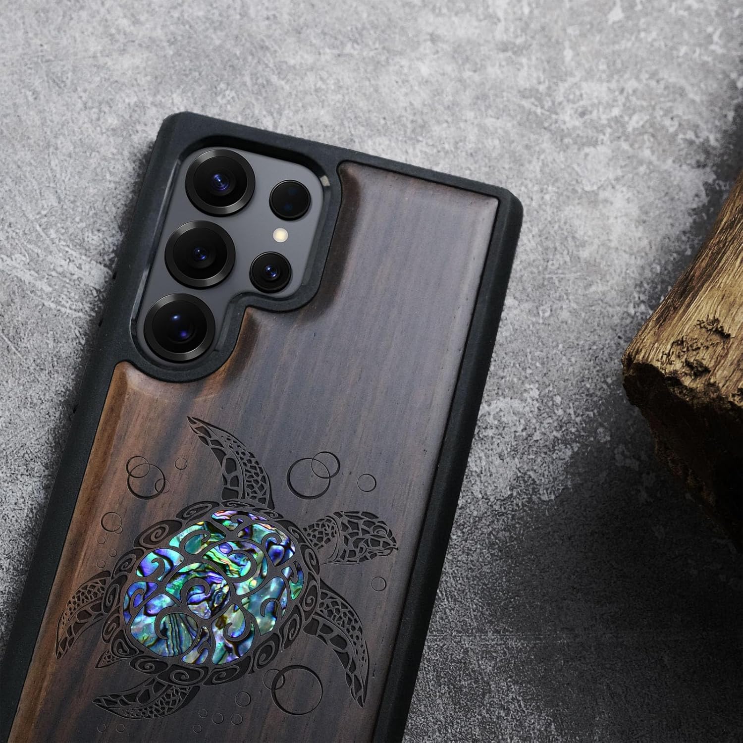 Carveit Magnetic Wooden Case for Samsung Galaxy S25 Ultra Case, Wood Artisan Engraved & Handmade Shell Inlaid, Compatible with MagSafe Wireless Chargers (Sea Turtle) Blackwood