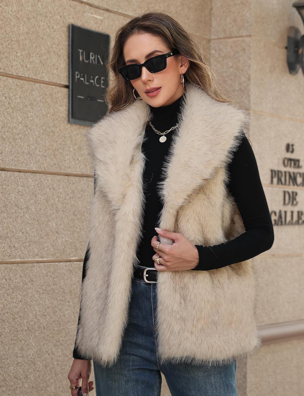 Womens Faux Fur Vest Lapel Collar Sleeveless Open Front Cardigan Top Fuzzy Coats Jacket Fluffy Outwear with Pockets - Image 3