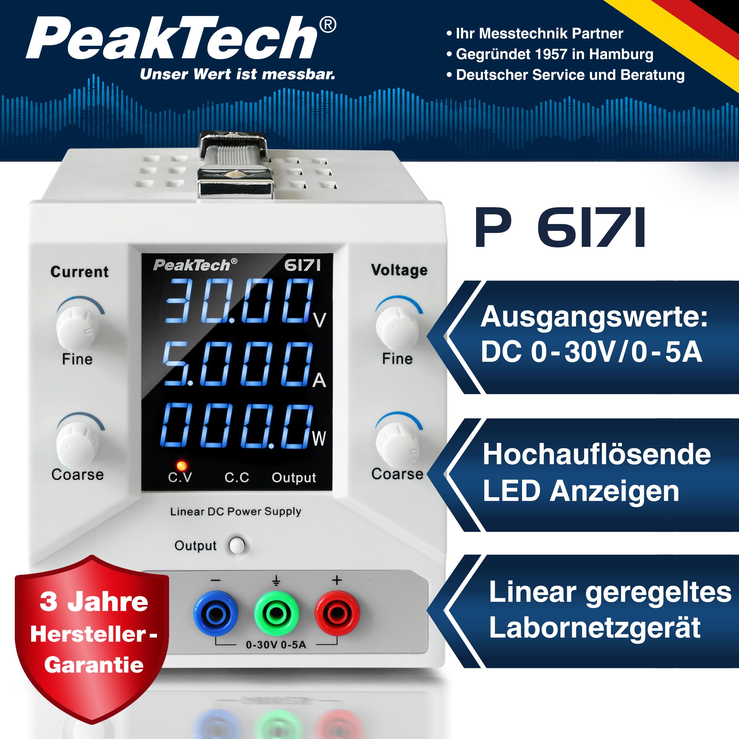 PeakTech 6171 - Alimentatore da laboratorio 0-30 V/0-5 A DC SELV lineare con trasformatore di separazione, alimentatore di rete da laboratorio