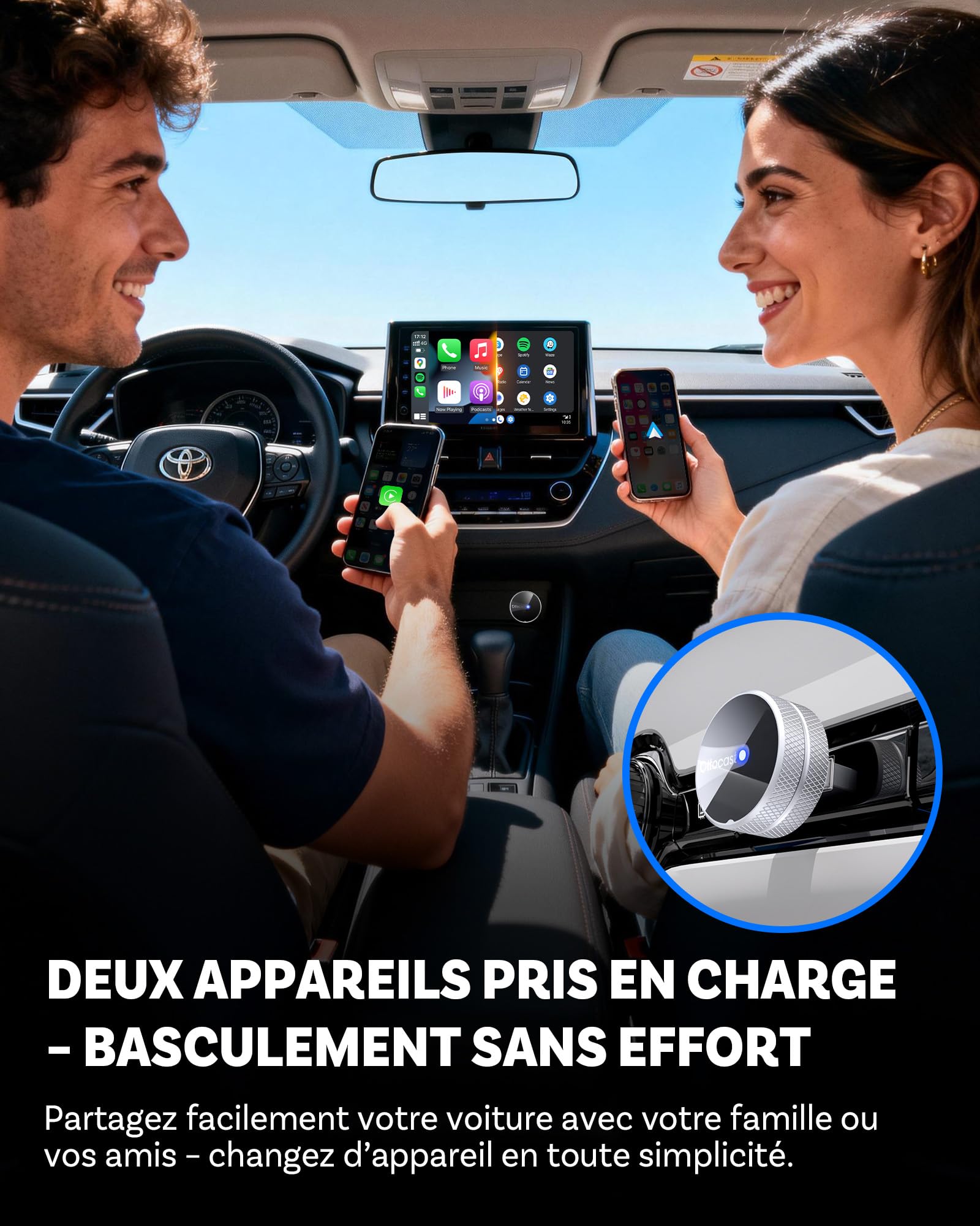 OTTOCAST Mini Tube 2026 Adaptateur CarPlay Android Auto sans Fil pour iOS 10+/Android 11+, Compatible avec 99% Véhicules Depuis 2016, Connexion Rapide 5-8s, USB-A/C, OTA (Excepté BMW/Tesla)