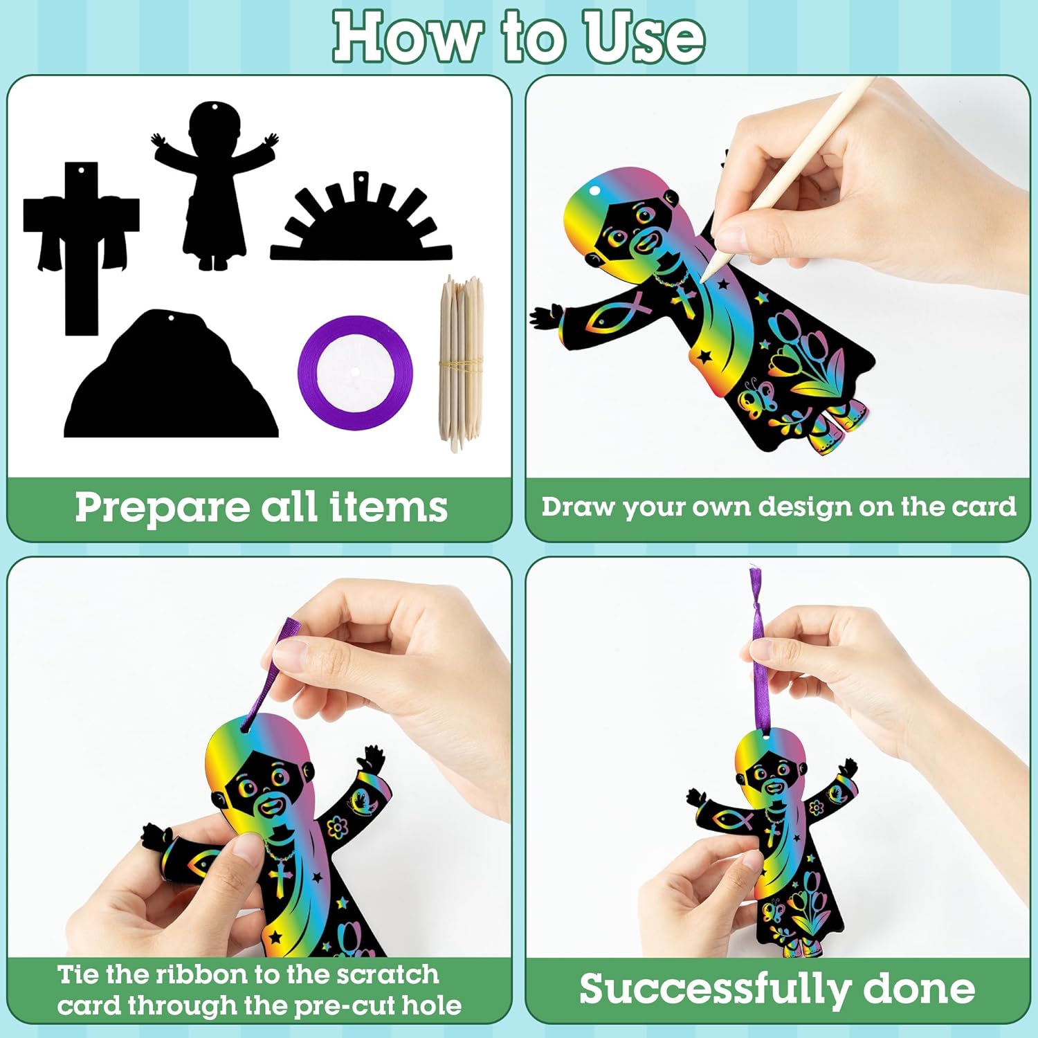 WATINC 80pcs Christian Easter Scratch Cards Ornaments, Cross Jesus Scene Magic Color Crafts Art Kit for Kids, Easter Resurrection Religious Sunday School Classroom Supplies Decorations