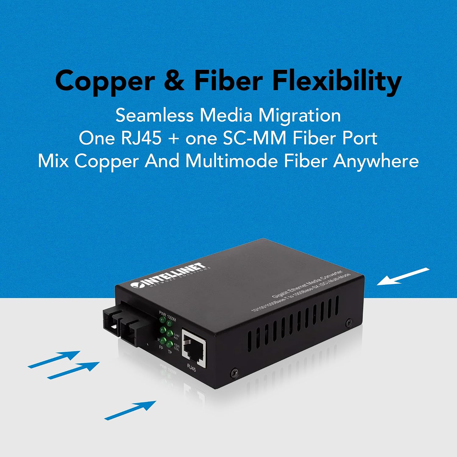 Intellinet Gigabit Media Converter, RJ45 to SC Multimode, 850 nm | RJ45 To SC multimode media converter with autonegotiation, 10/100/1000Base-T to 1000Base-SX, 850 nm, 1,800 ft.