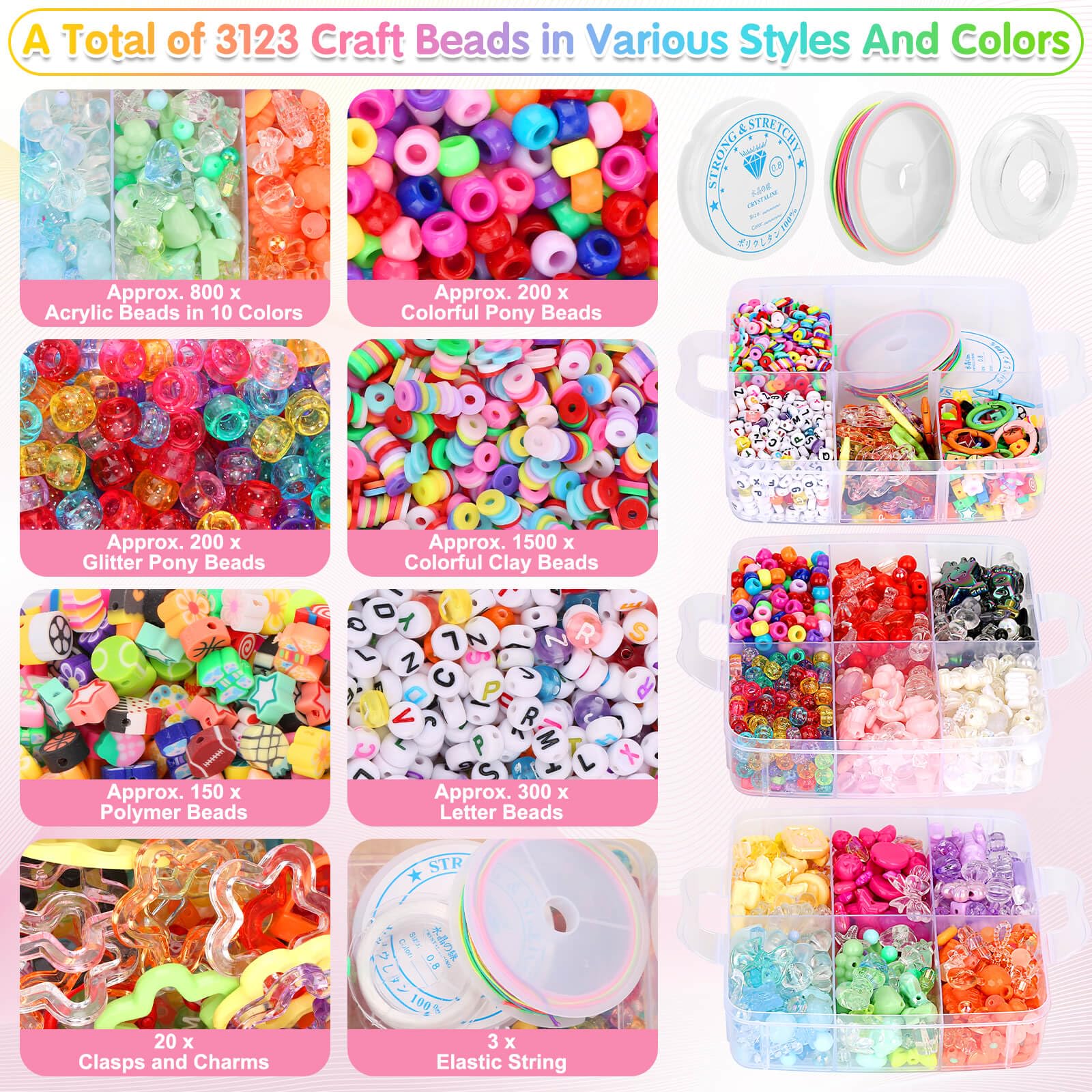 shynek 3123pcs Assorted Acrylic Beads Set for DIY Bracelets with Cute Candy Butterfly Flower Heart Kawaii Beads Charms for Creativity Funny Jewelry Crafts - Image 2