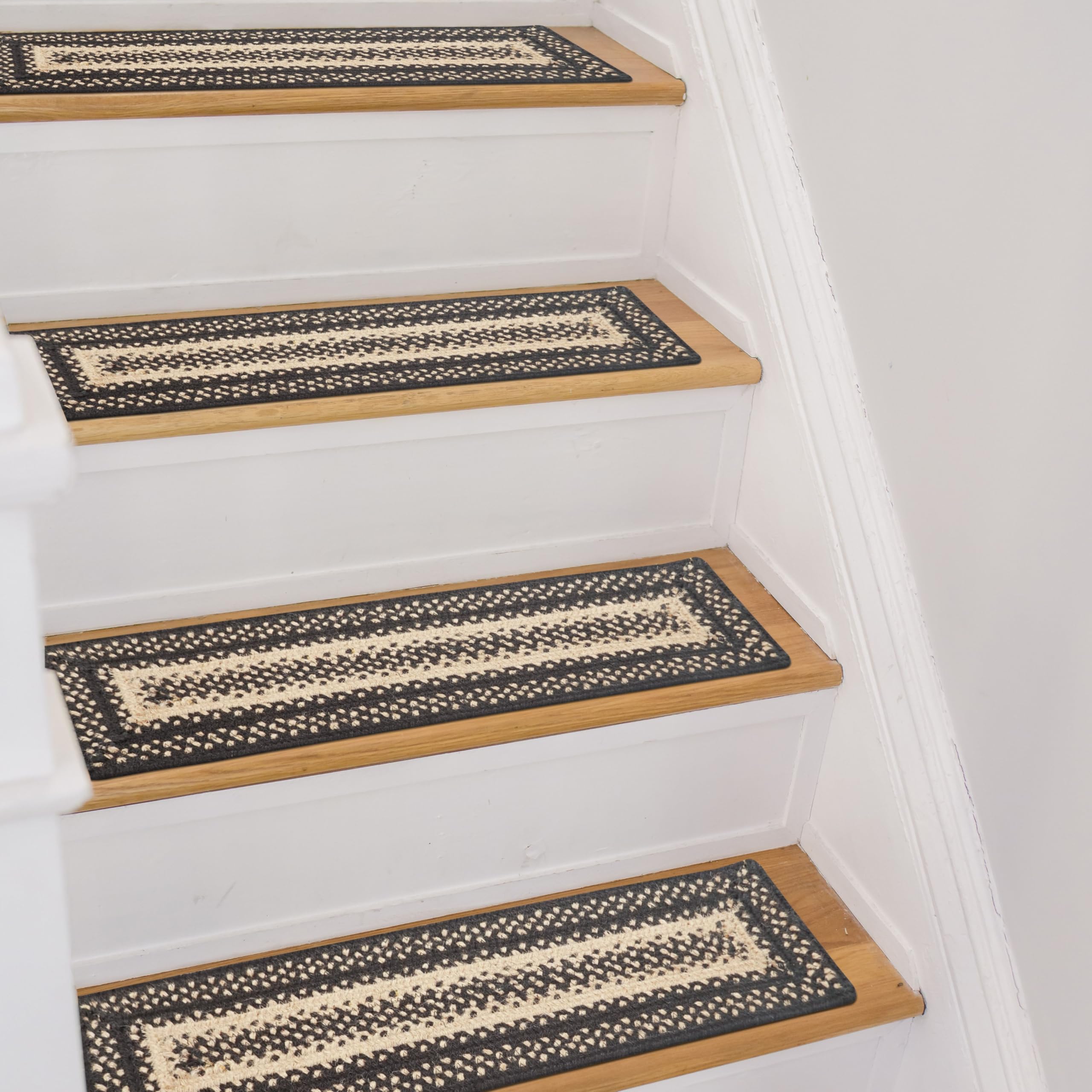 Homespice Manchester Jute Braided Stair Treads for Wooden Steps, Country Primitive Decor, Set of 13, Black and Tan 8x28 Rectangle Rug for Stairs -