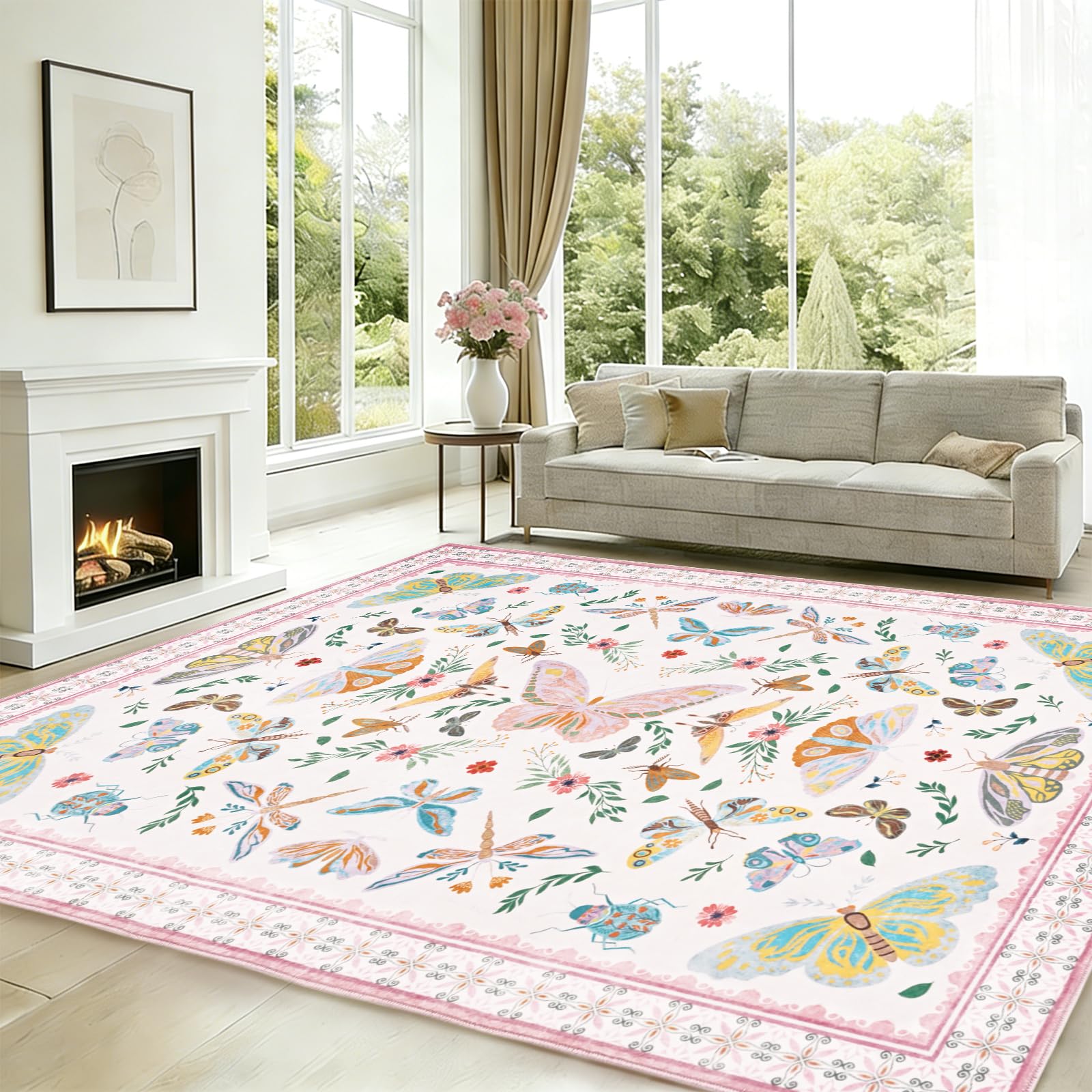 Tapis de couloir rose vintage 200 x 280 cm lavable et antidérapant