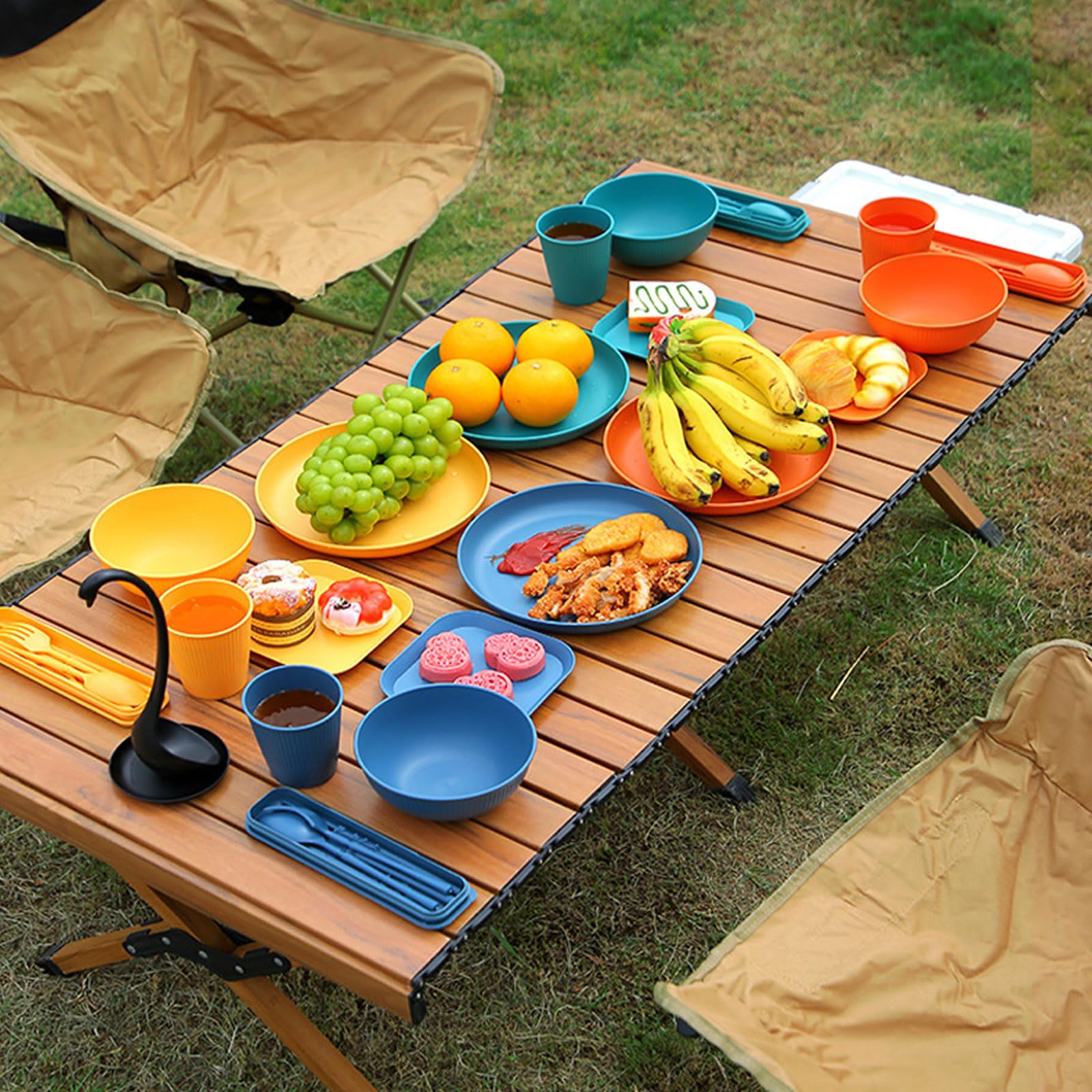 Juego deVajilla de Camping Reutilizable 8 Personas con Caja | Apto para Microondas y Lavavajillas, Duradero, Portátil, Antideslizante, Apilable, Ideal para Picnics Fiestas Viajes