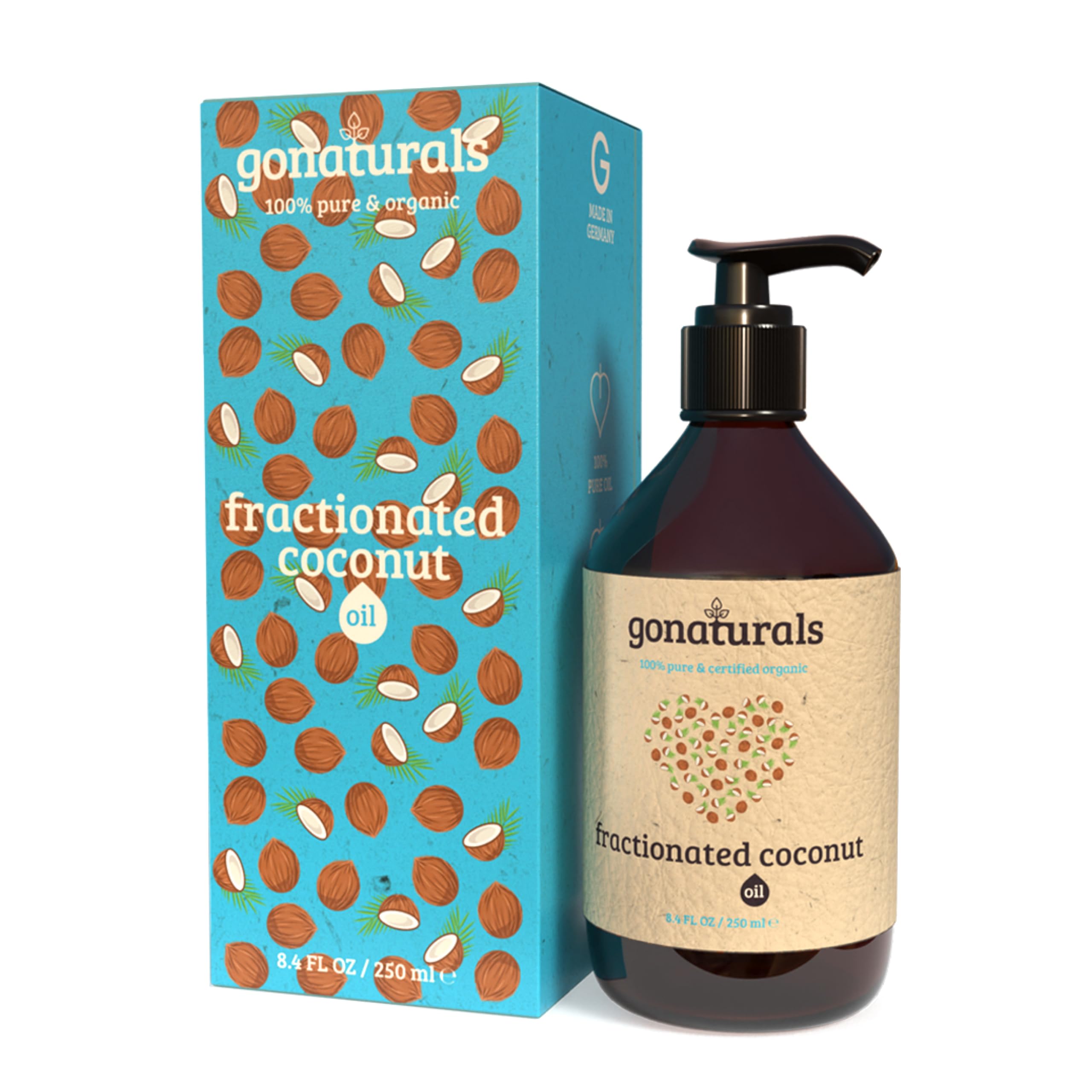 GoNaturals Aceite de Coco Fraccionado 100% Puro y Orgánico - Aceite Vegetal de Coco Fraccionado - Suaviza y Calma la Piel Seca - Aceite de Coco para la Piel, Pelo, Masaje Corporal - 250ml