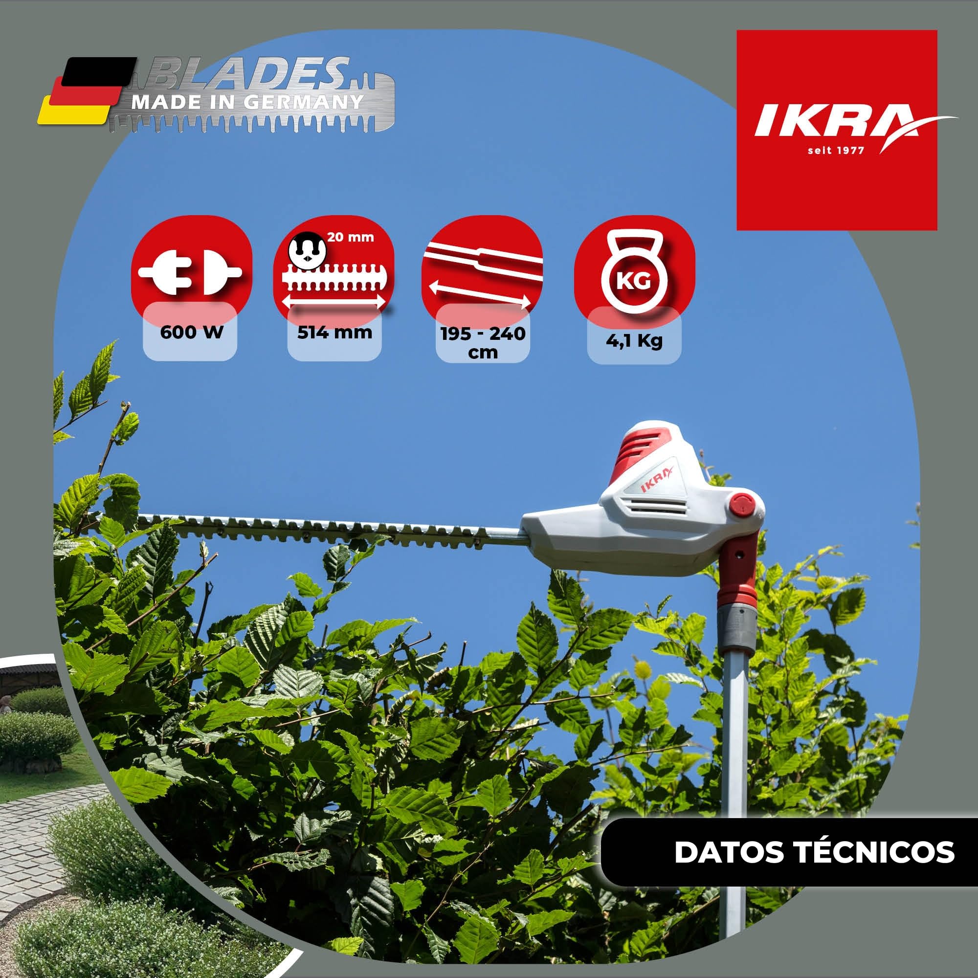 IKRA cortasetos telescópico eléctrico ITHS 600, longitud 51 cm, con gafas | Telescópico y con ángulo ajustable, grosor de corte de 20 mm, incluye correa para el hombro, cuchillas fabricadas en Alemania