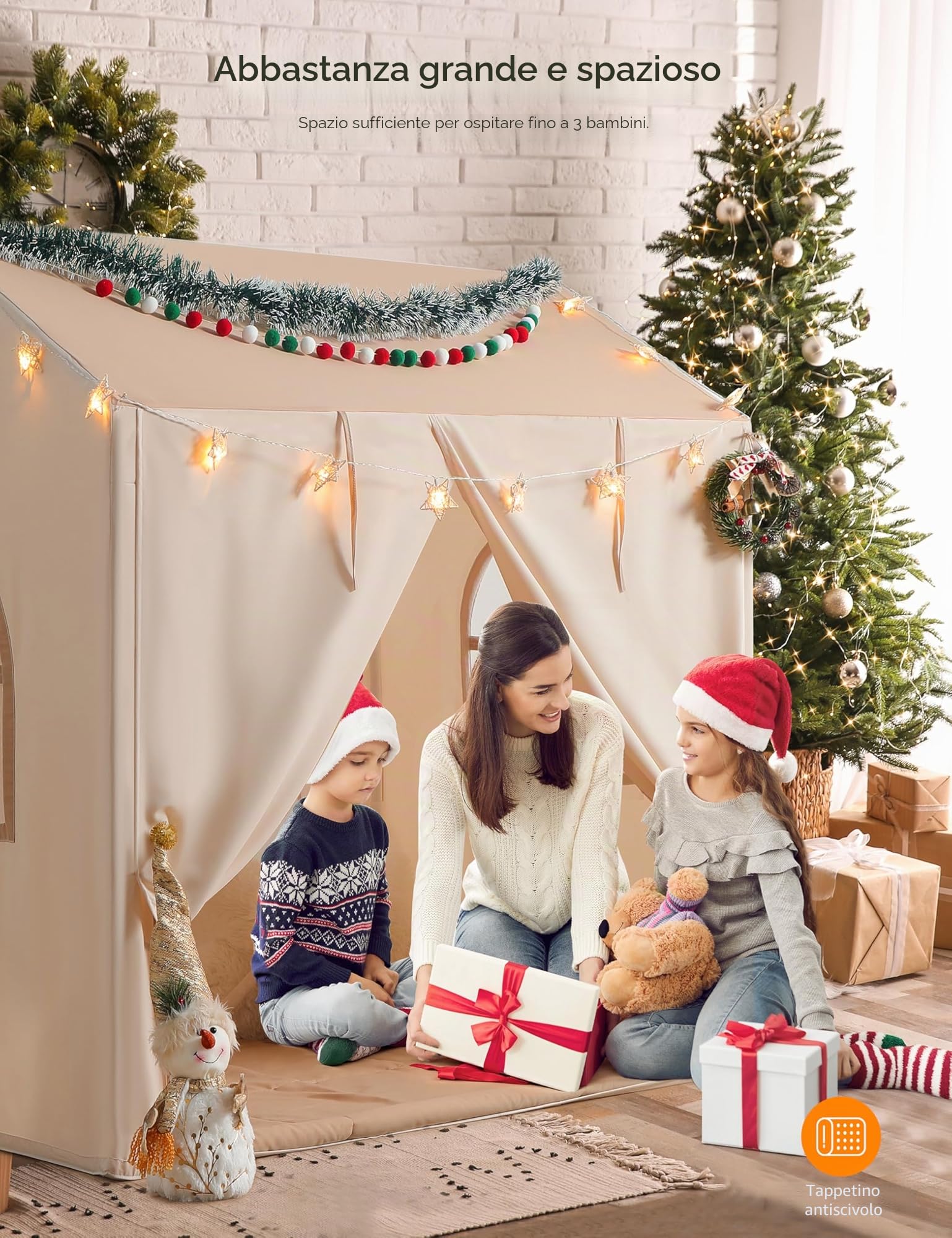 Besrey Tenda per Bambini 2-in-1, Tenda da Gioco con Tettoia per Interni ed Esterni, con Luci, Bandierine e Tappetino, Design Ampio per Lettura e Giochi Creativi - Regalo di Natale Ideale per Bambini