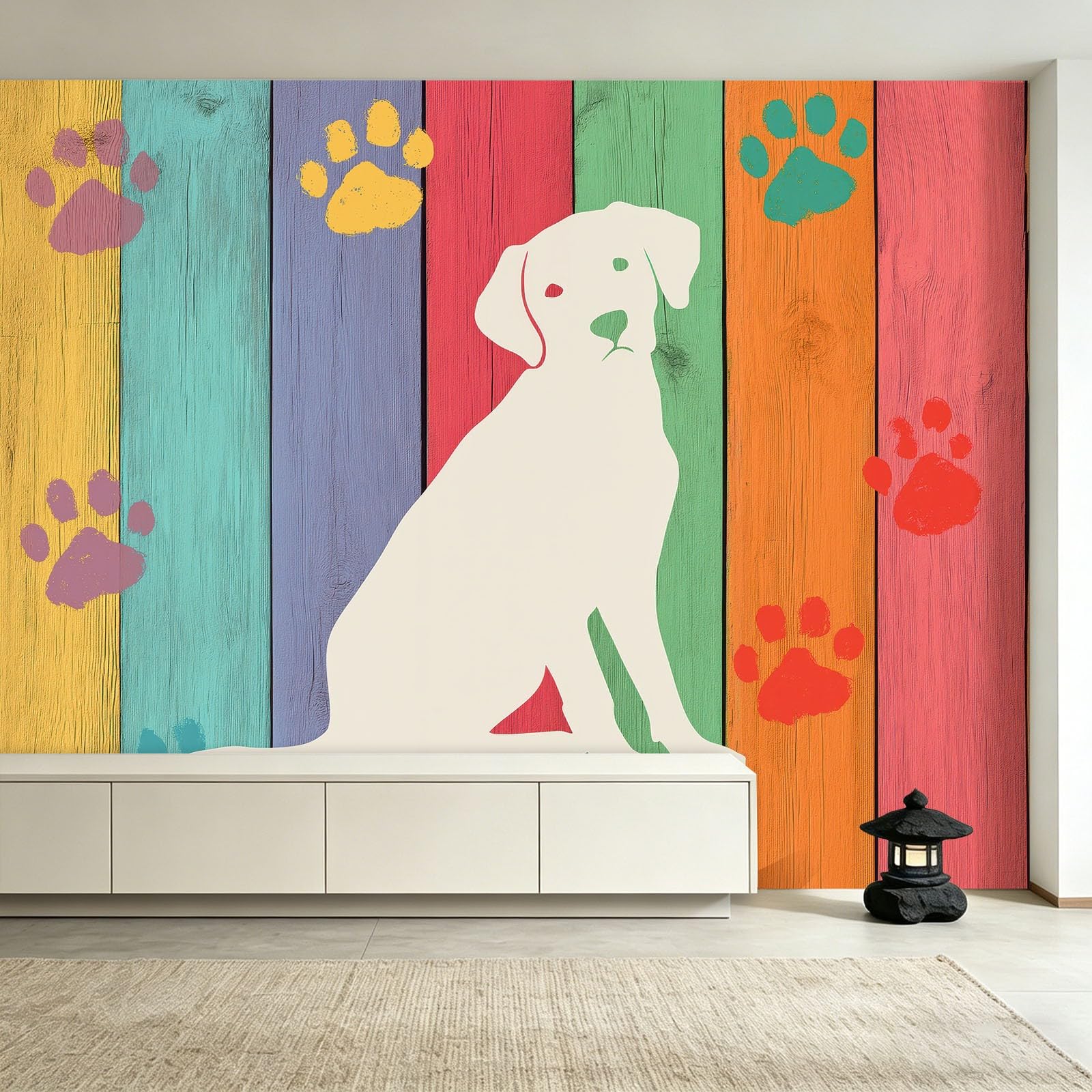 Panoramiczna tapeta z motywem psa z kolorowymi łapami 300 x 210 cm - fototapeta ścienna z włókniny, gigantyczny plakat ścienny ze zwierzętami, do salonu, pokoju dziecięcego, restauracji ściennej